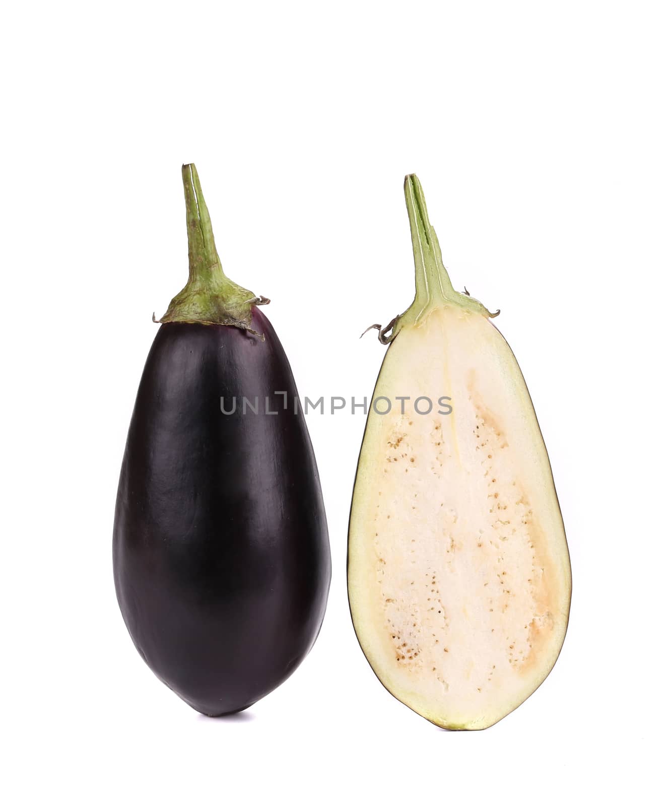 One halved eggplant. Isolated on a white background.