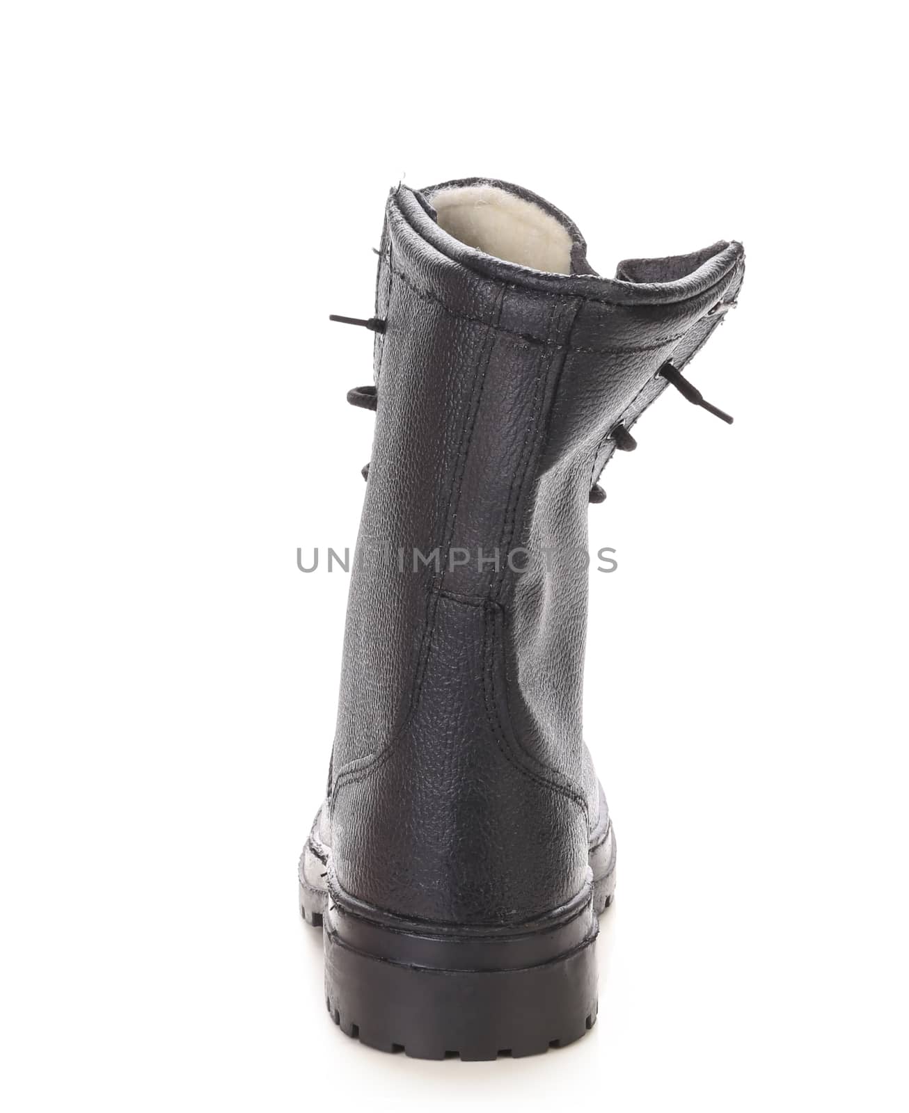 Back side of high leather boot. Isolated on a white background.