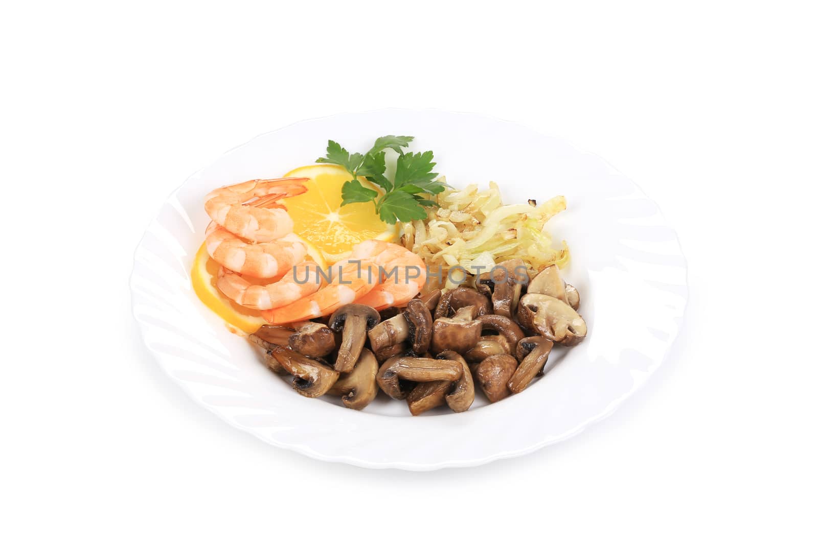 Shrimp salad with mushrooms and lemons. Isolated on a white background.