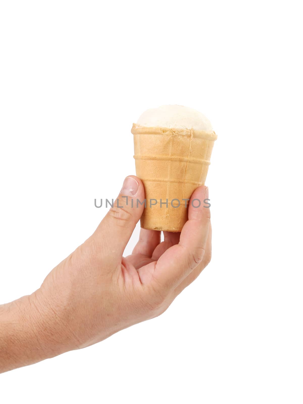 Hand holds empty ice cream corn.  Isolated on a white background.