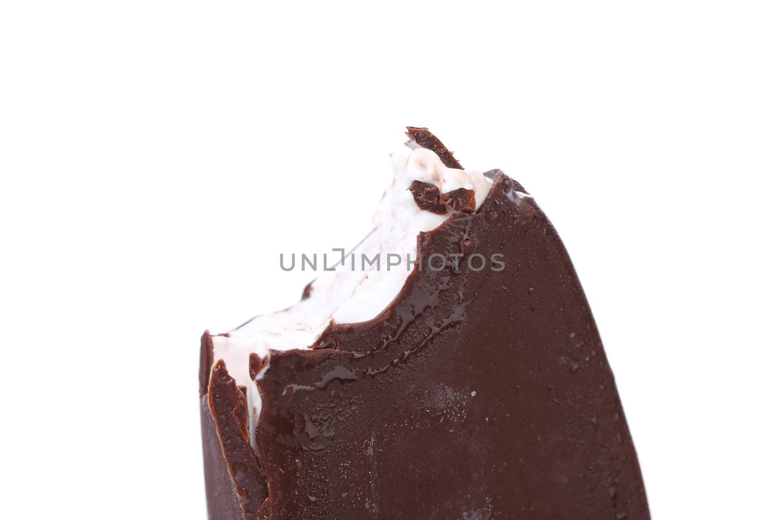 Bitten ice cream on stick. Isolated on a white background.