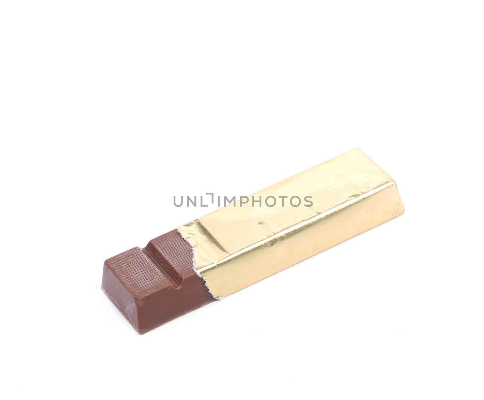 Dark chocolate bar in golden foil.