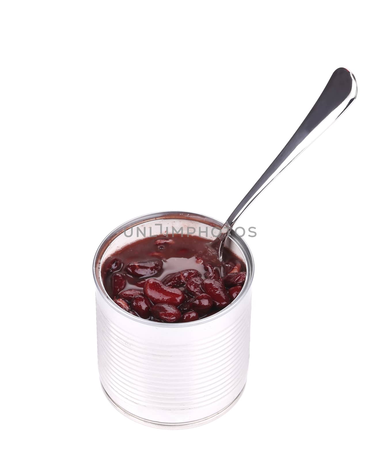 Tin of red bean with spoon. Isolated on a white background.