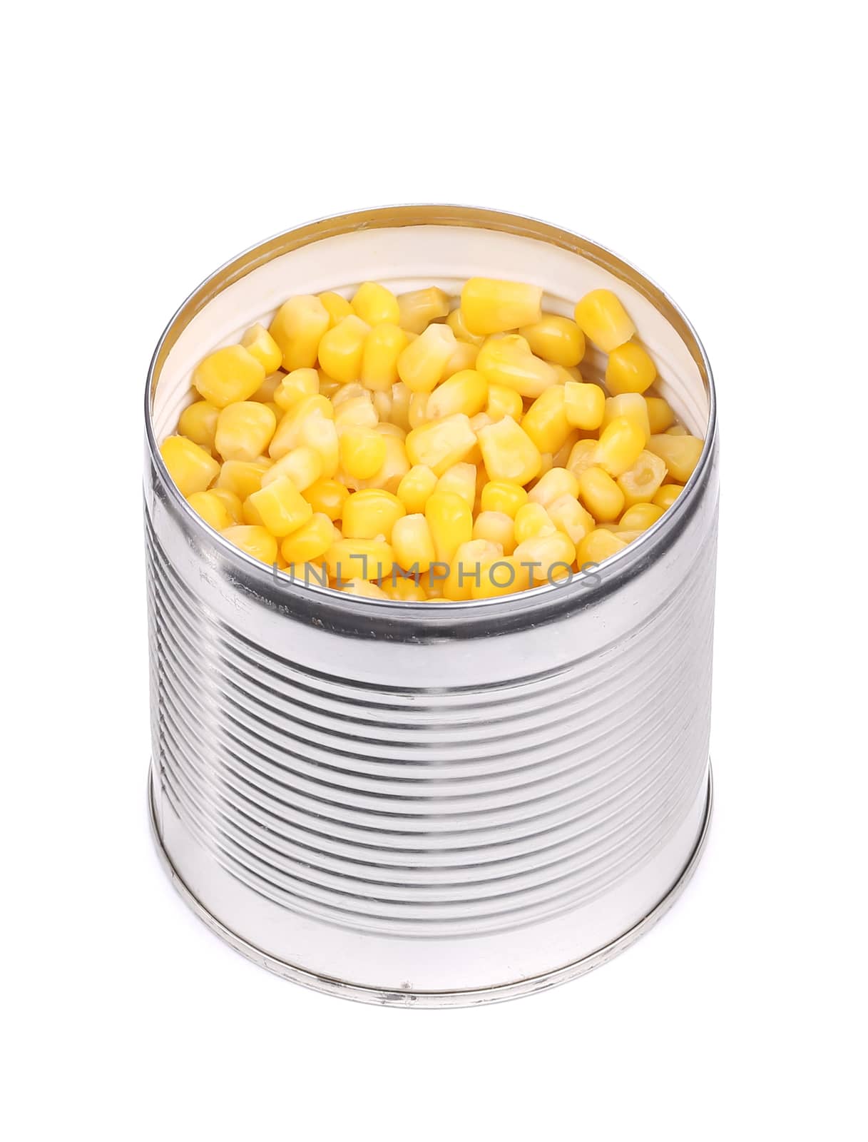 Tin with canned sweet corn. Isolated on a white background.
