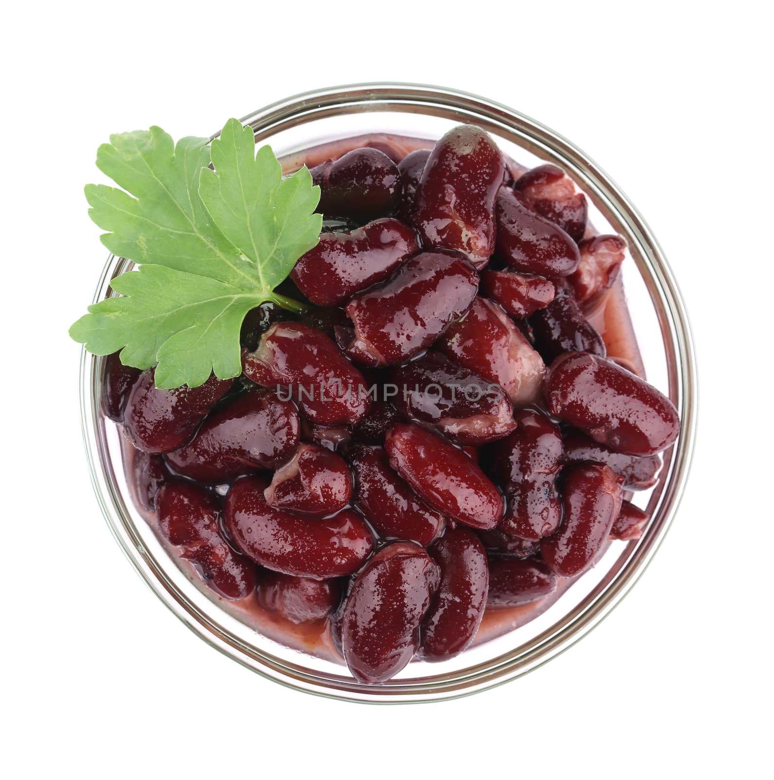Red bean in glass dish. Isolated on a white background.