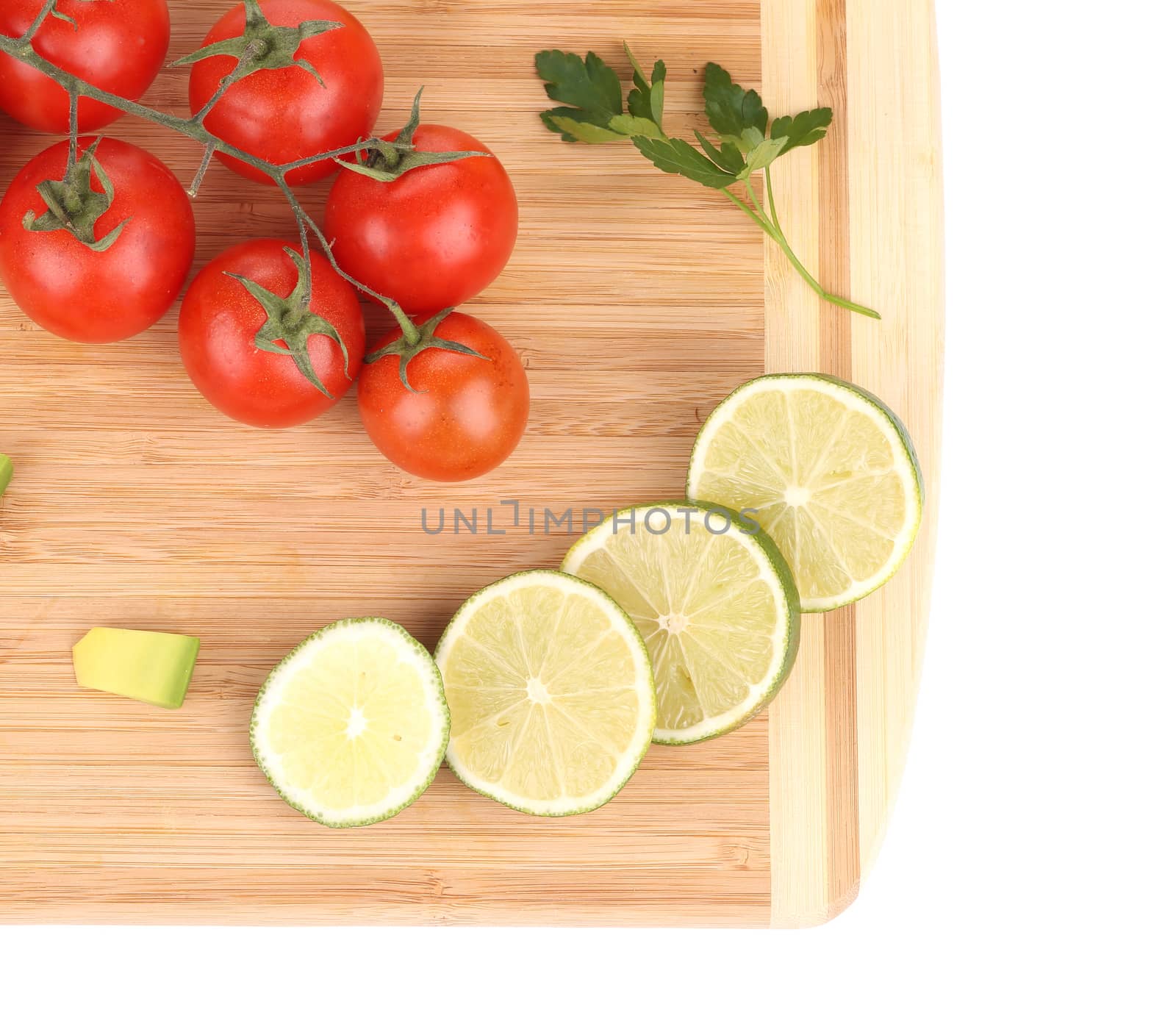Assorted vegetables and fruits. On a white background.
