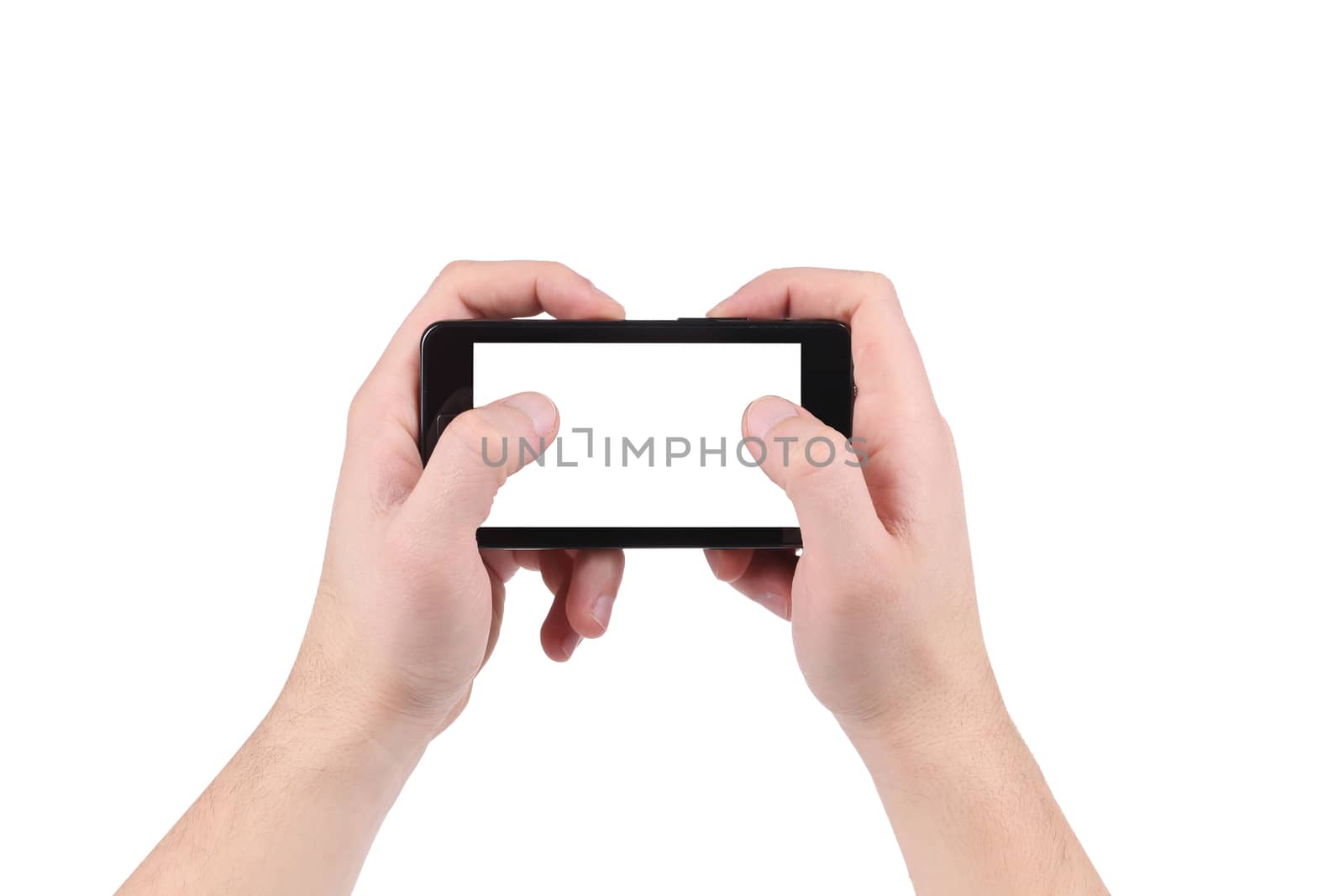 Screen mobile phone in hand. Isolated on a white background.