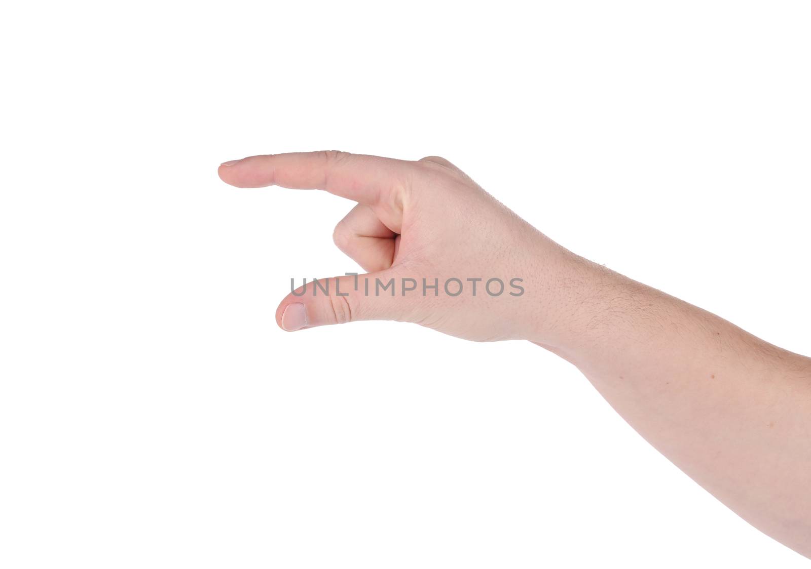 Sing language. Hand shows a measure of something. Isolated on a white background.