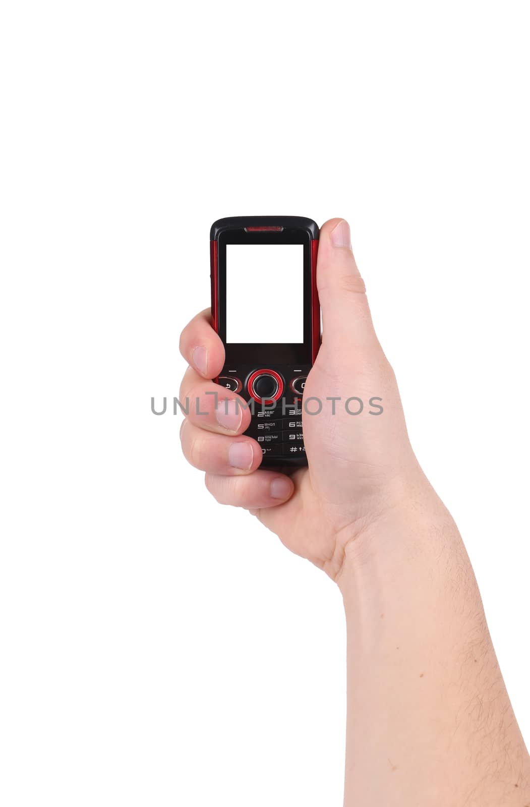 Mobile phone in hand. Isolated on a white background.