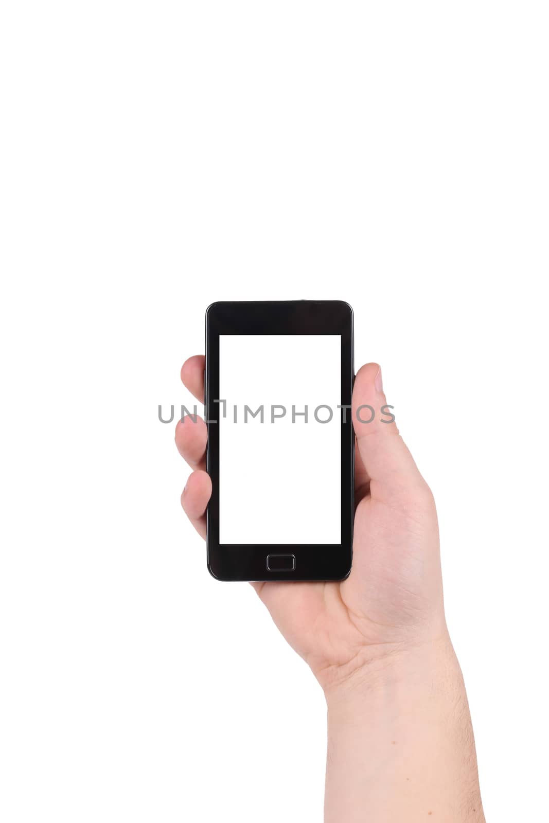 Screen mobile phone in hand. Isolated on a white background.