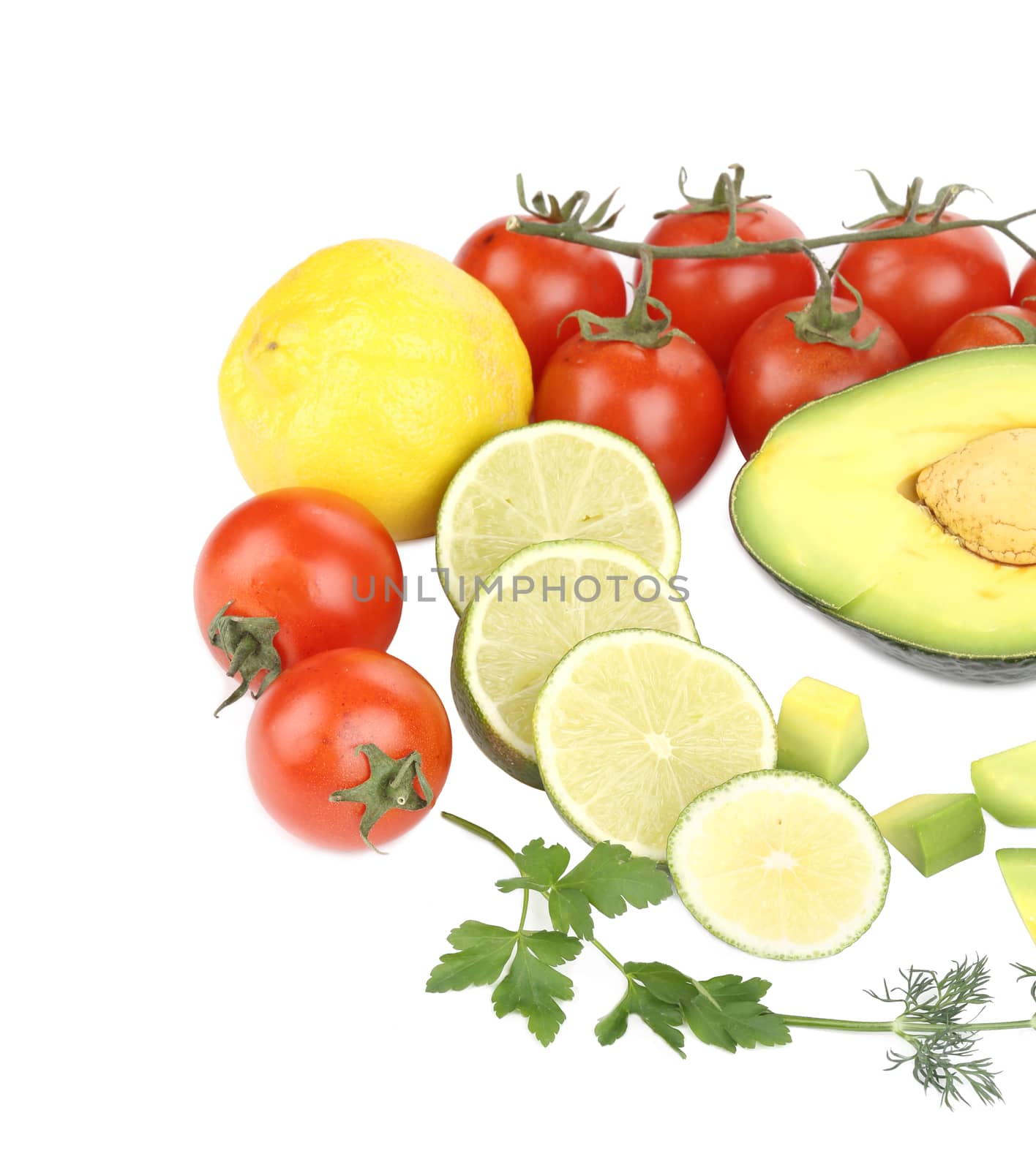 Citrus with avocado and cherry. Isolated on a white background.
