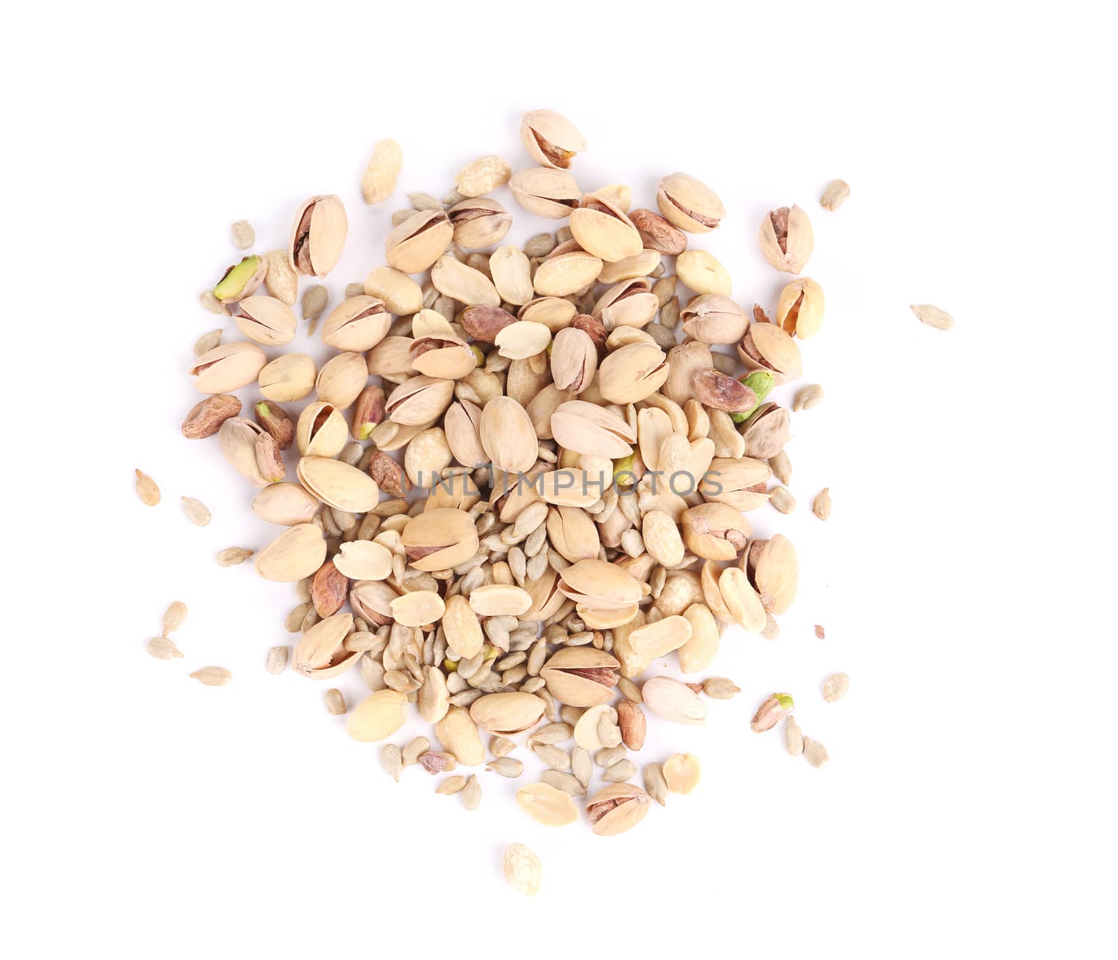Pistachios and sunflower seeds. Isolated on a white background.