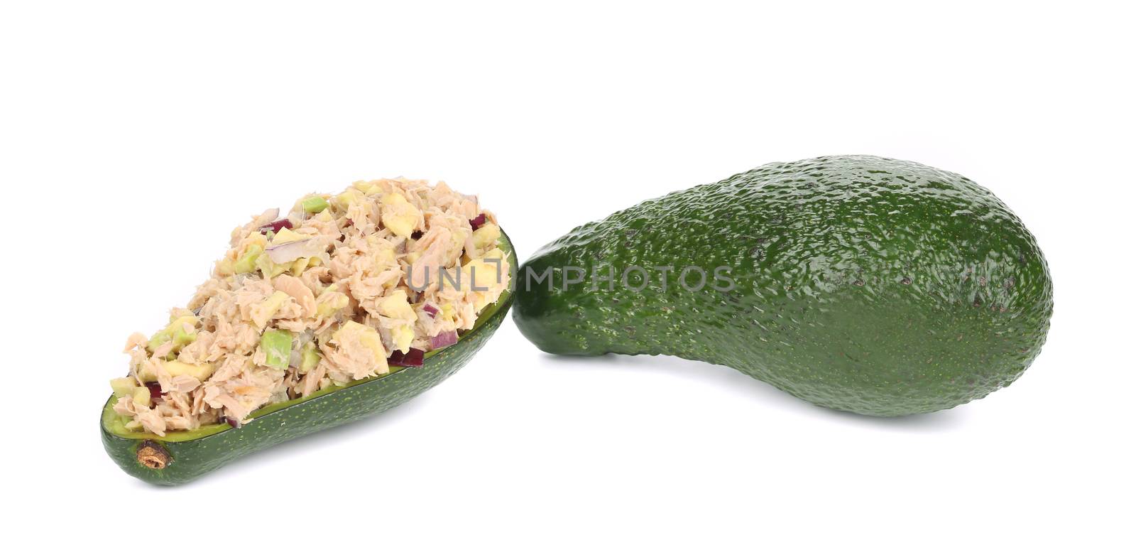 Avocado salad with tuna. Isolated on a white background.