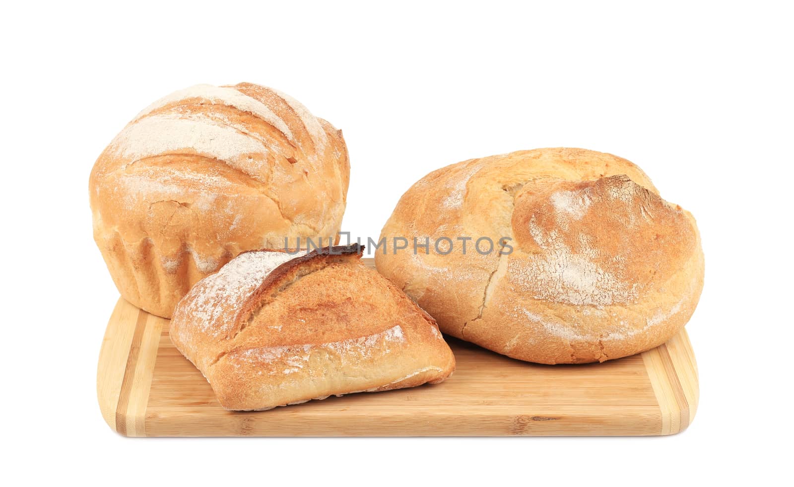 Various of bread on cutting board. Isolated on a white background.