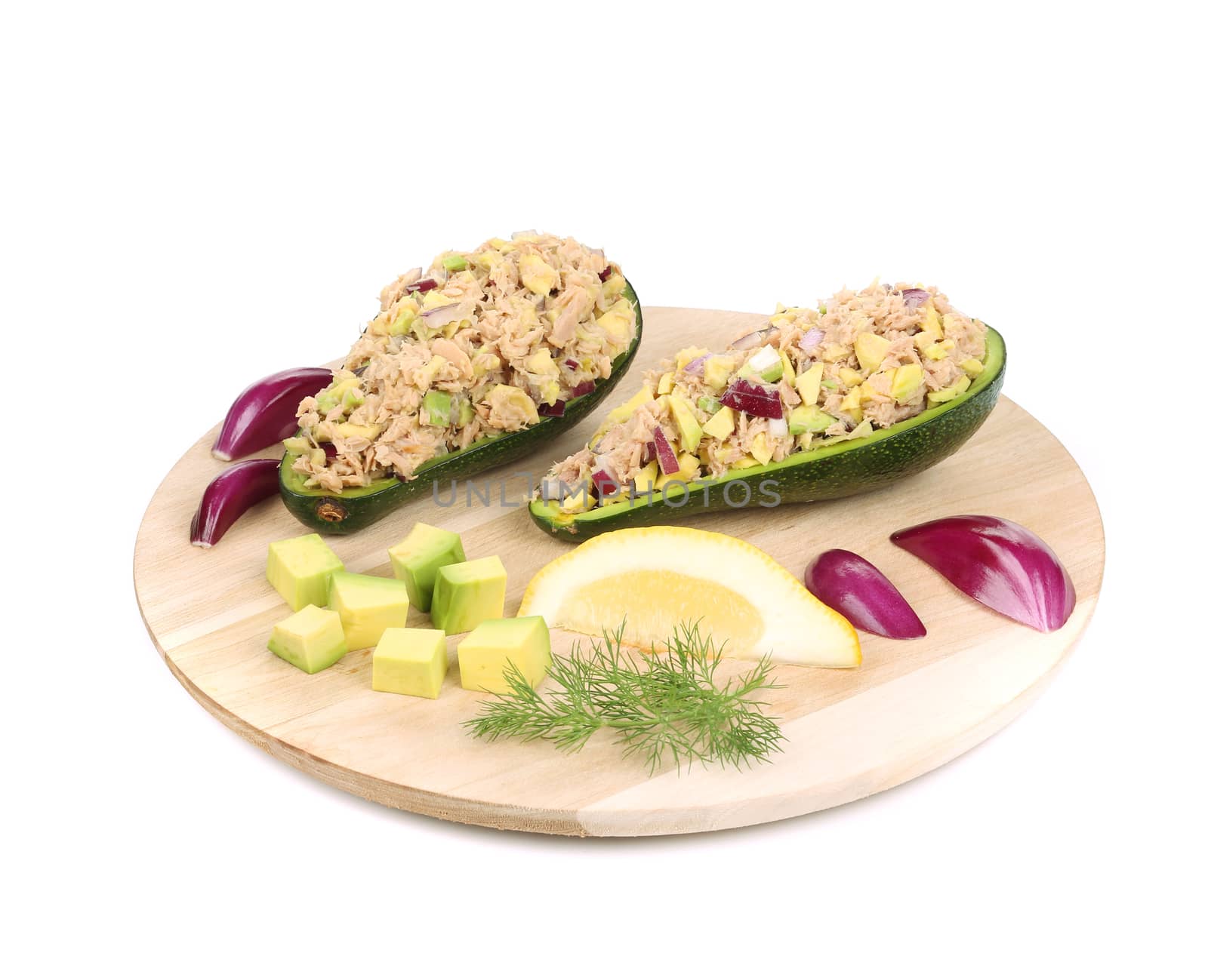 Avocado salad with tuna. Isolated on a white background.