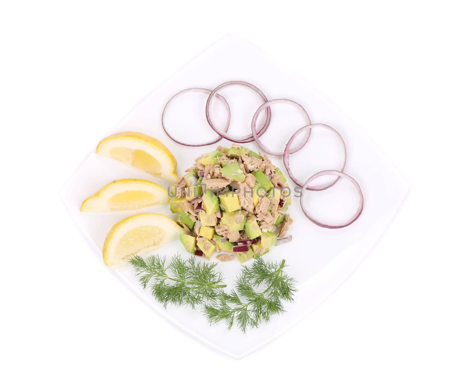 Avocado salad with tuna. Isolated on a white background.