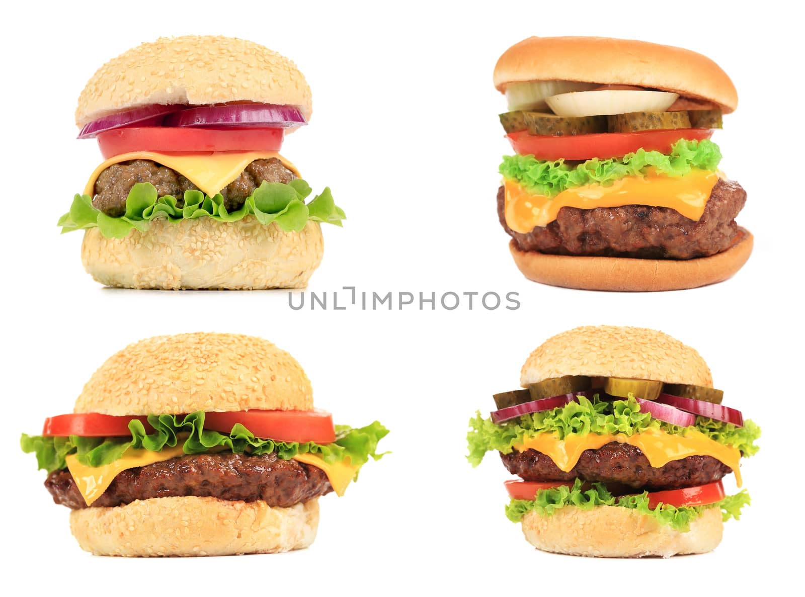 Set of various hamburgers. Isolated on a white background.