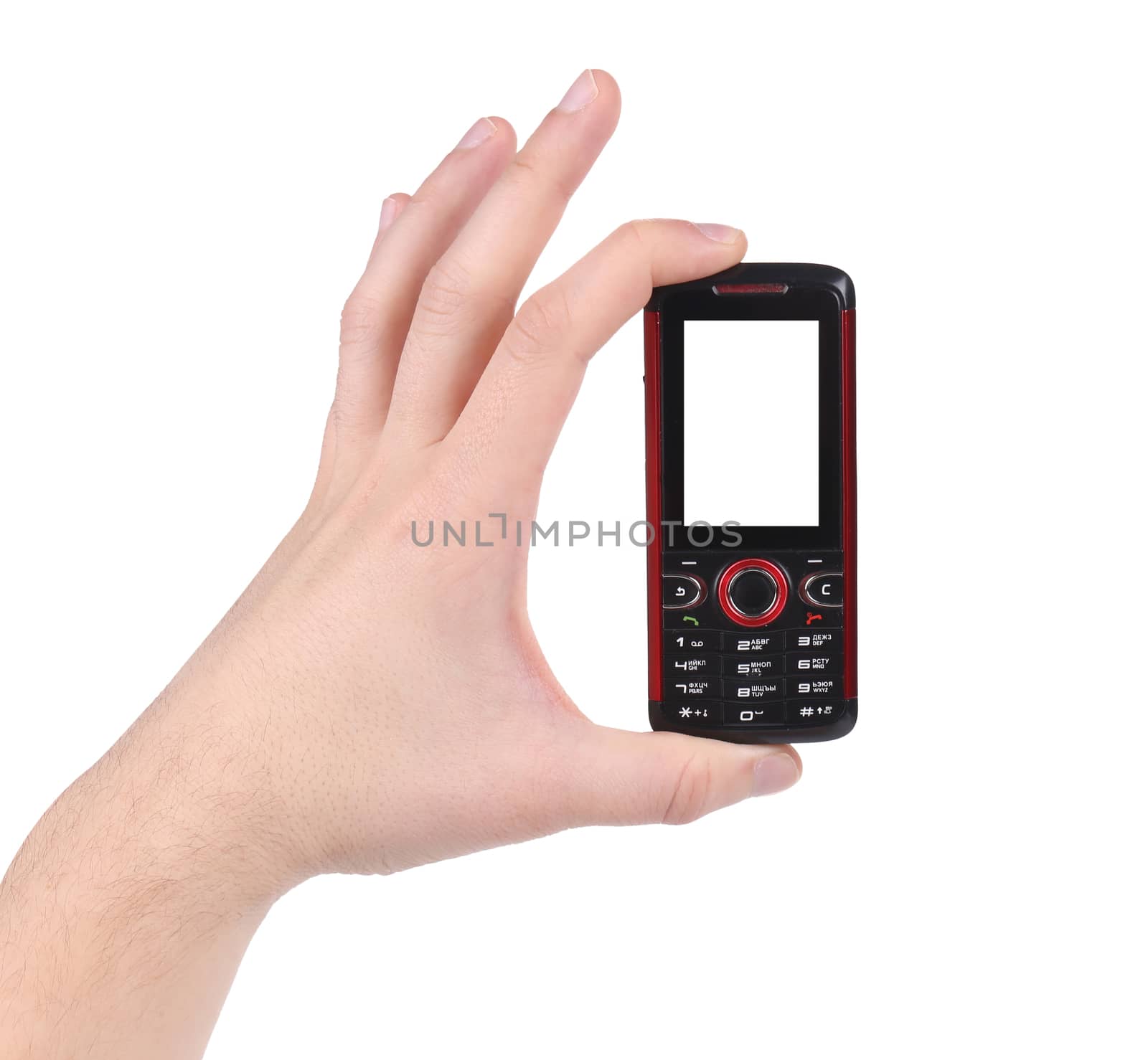 Hand with mobile phone. Isolated on a white background.