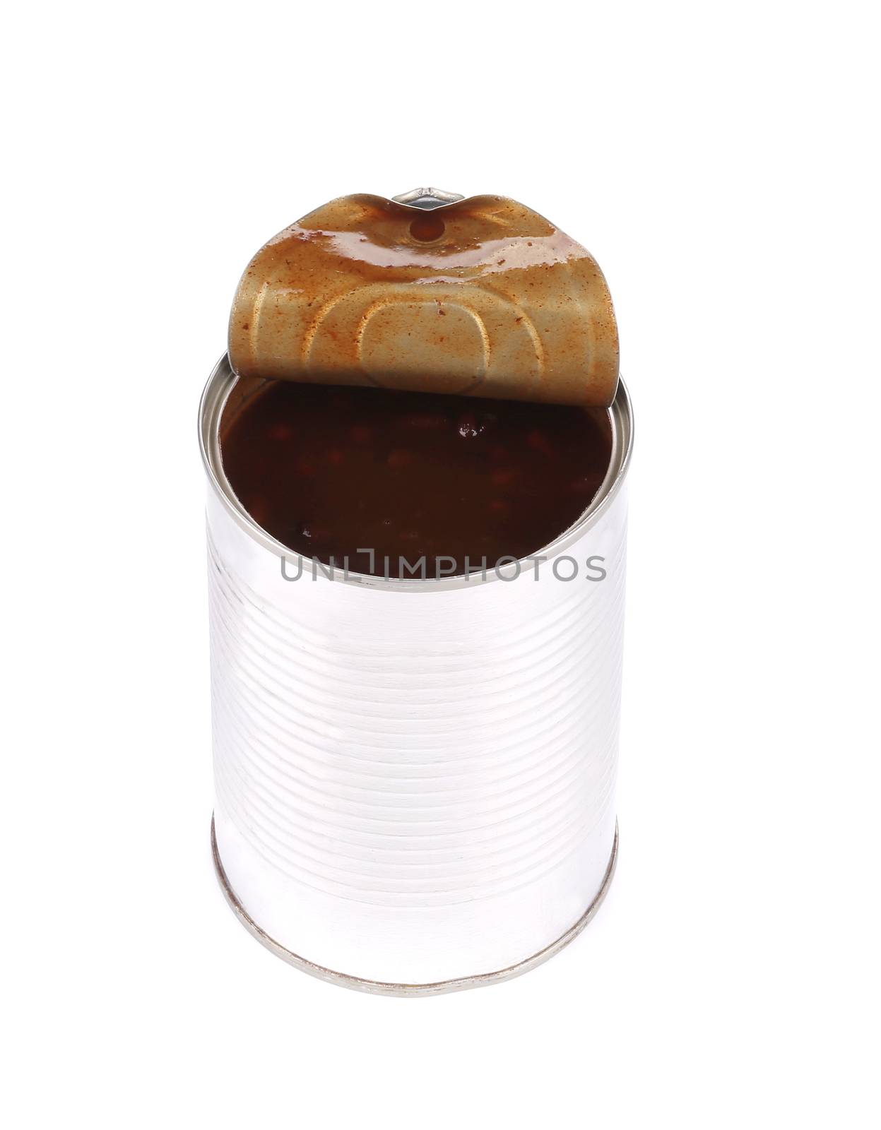 Opened tin can with beans. Isolated on a white background.