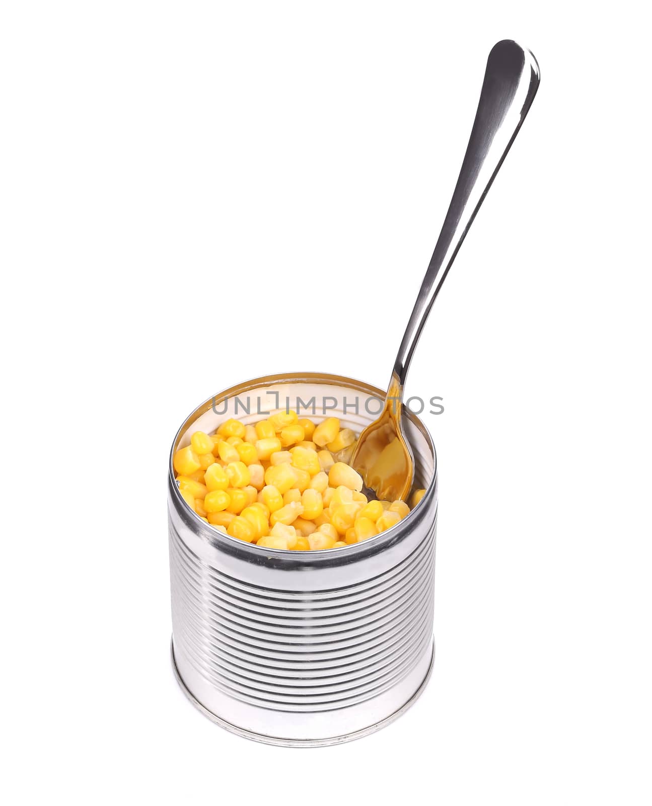 Canned sweet corn. Isolated on a white background.
