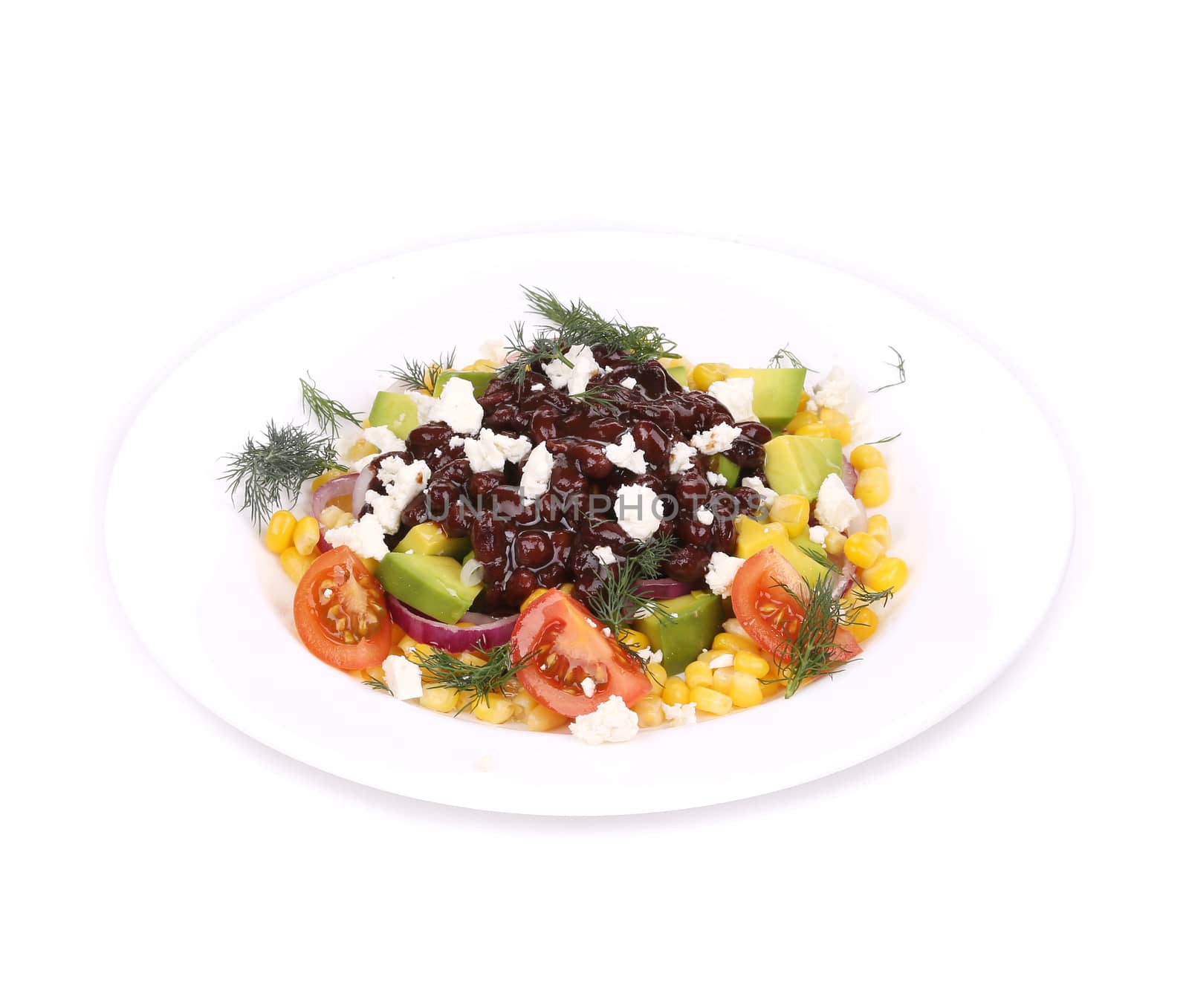 Red beans salad with feta cheese. Isolated on a white background.