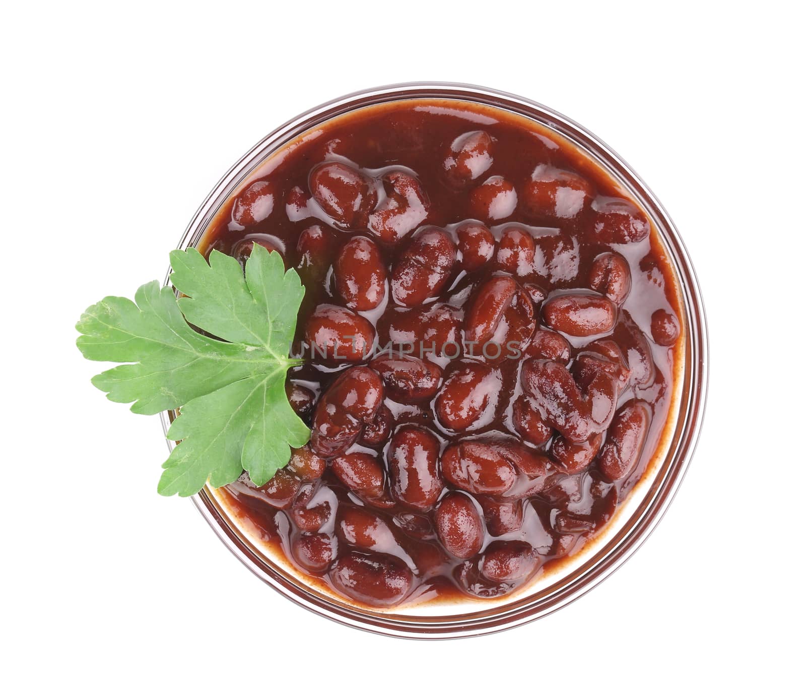 Glass bowl with red beans. Isolated on a white background.