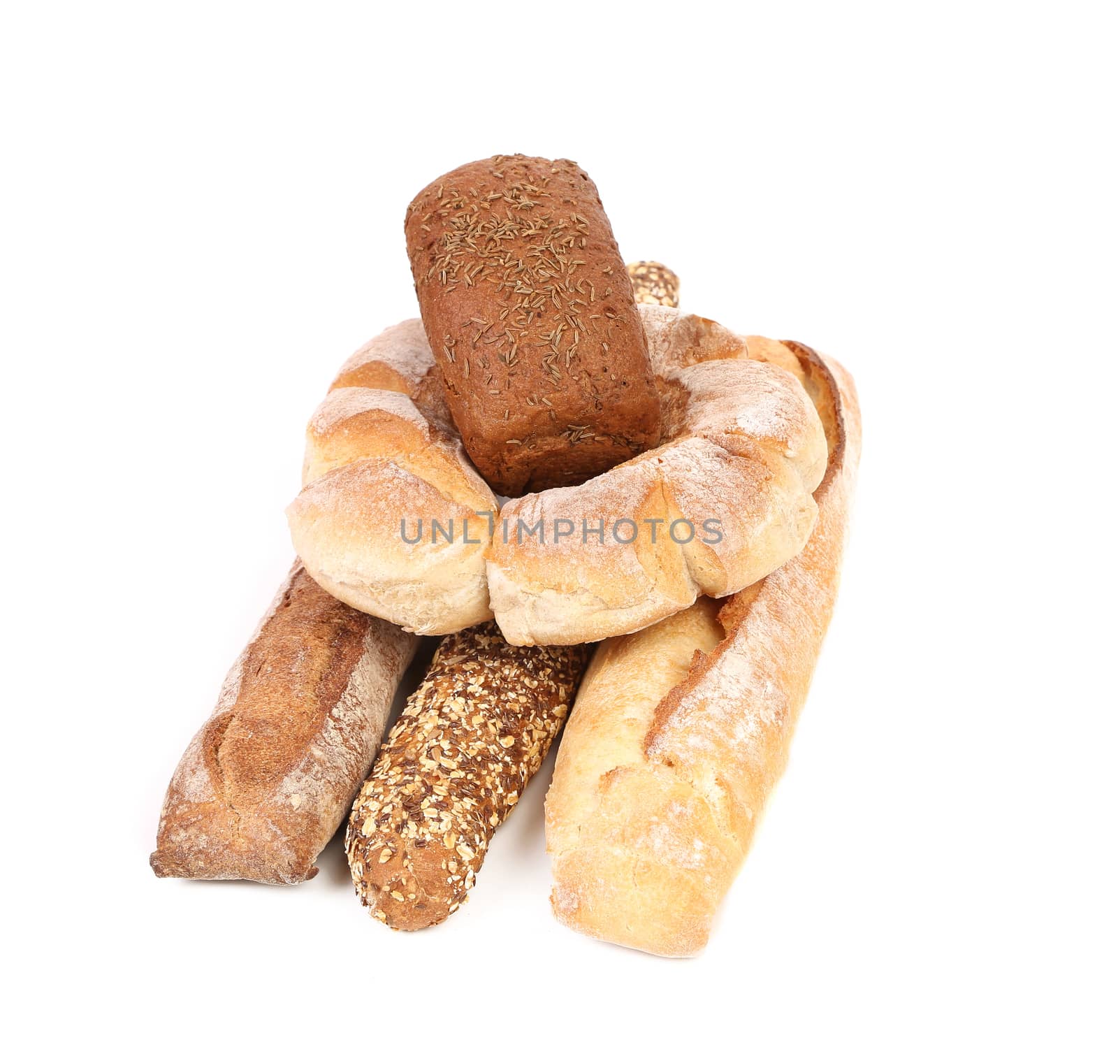 Composition with bread and rolls. Isolated on a white background.