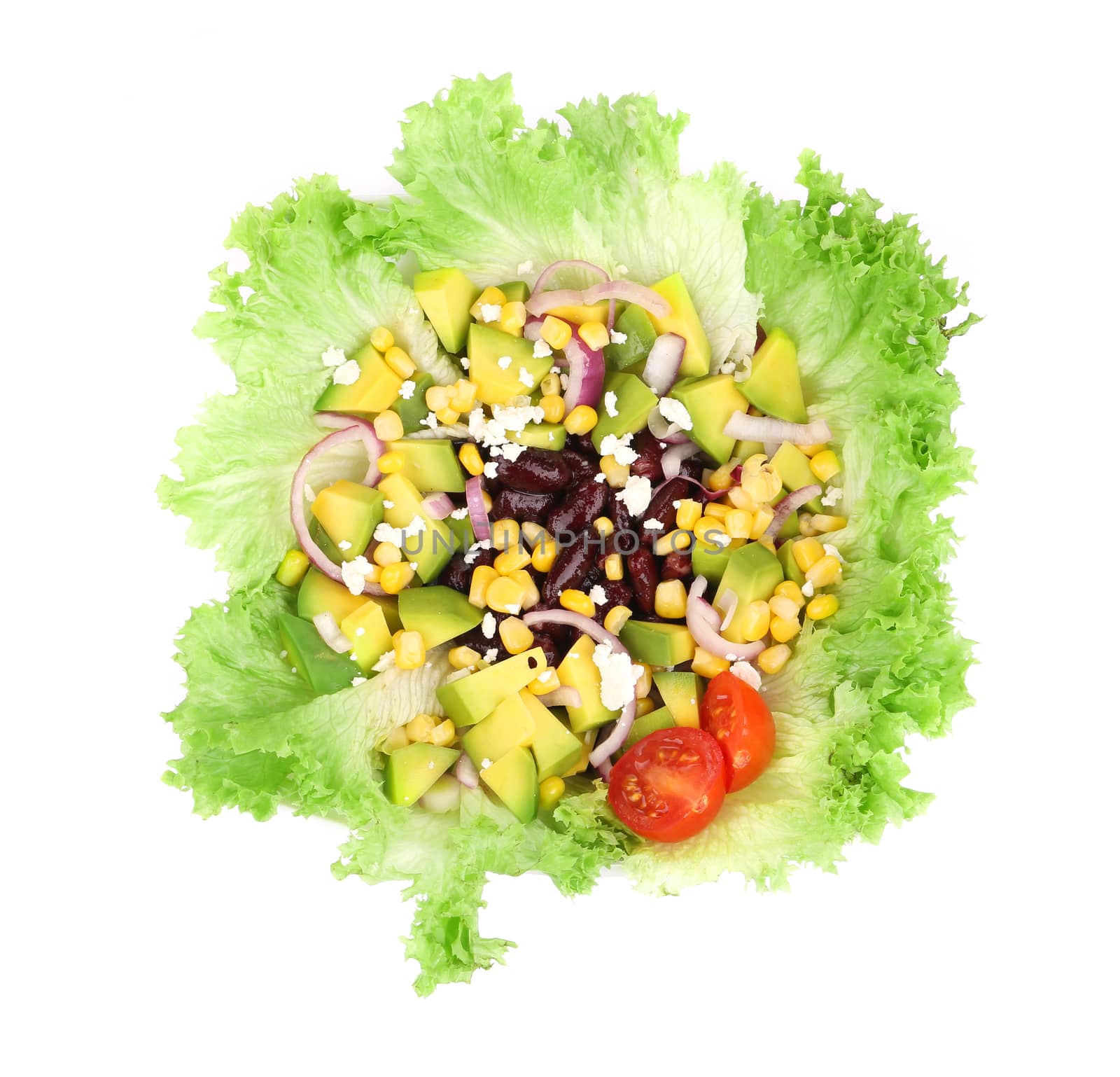 Red beans salad with feta cheese. Isolated on a white background.