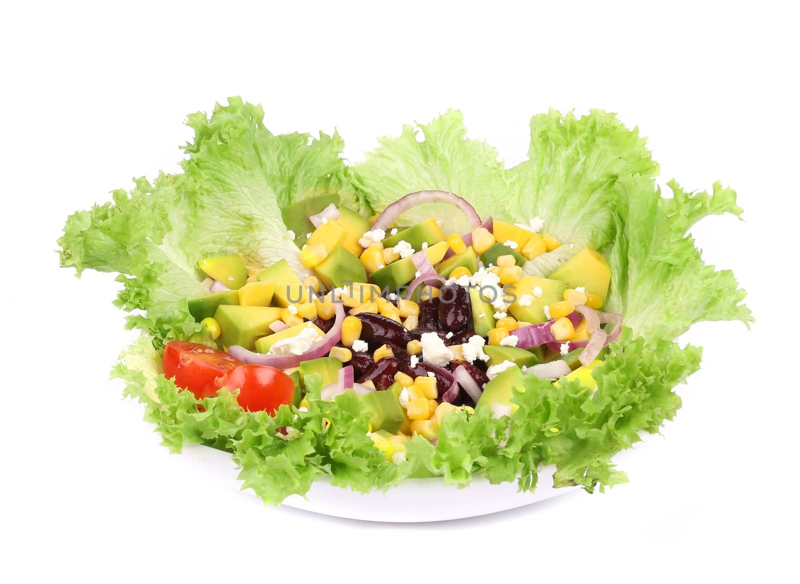 Red beans salad with feta cheese. Isolated on a white background.