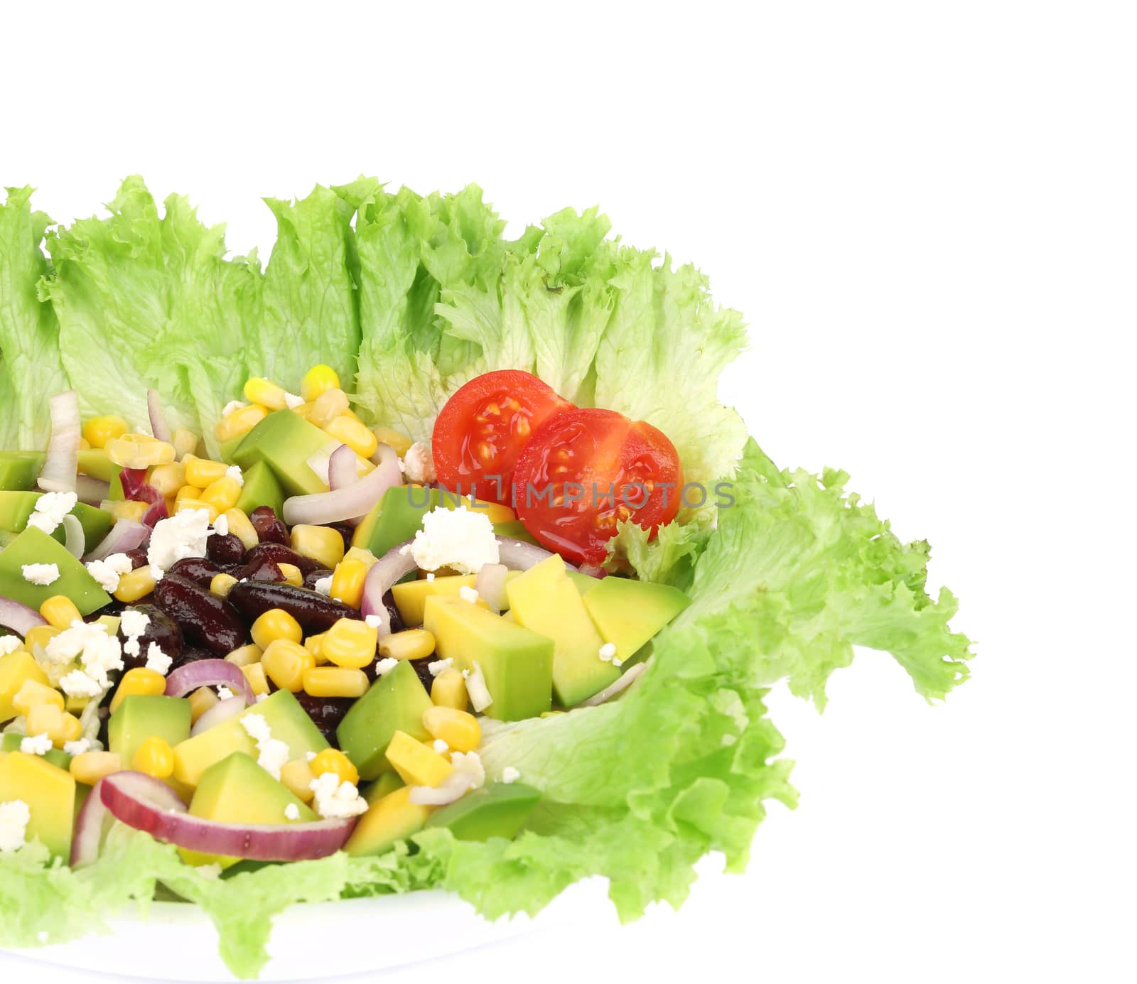 Red beans salad with feta cheese. Isolated on a white background.