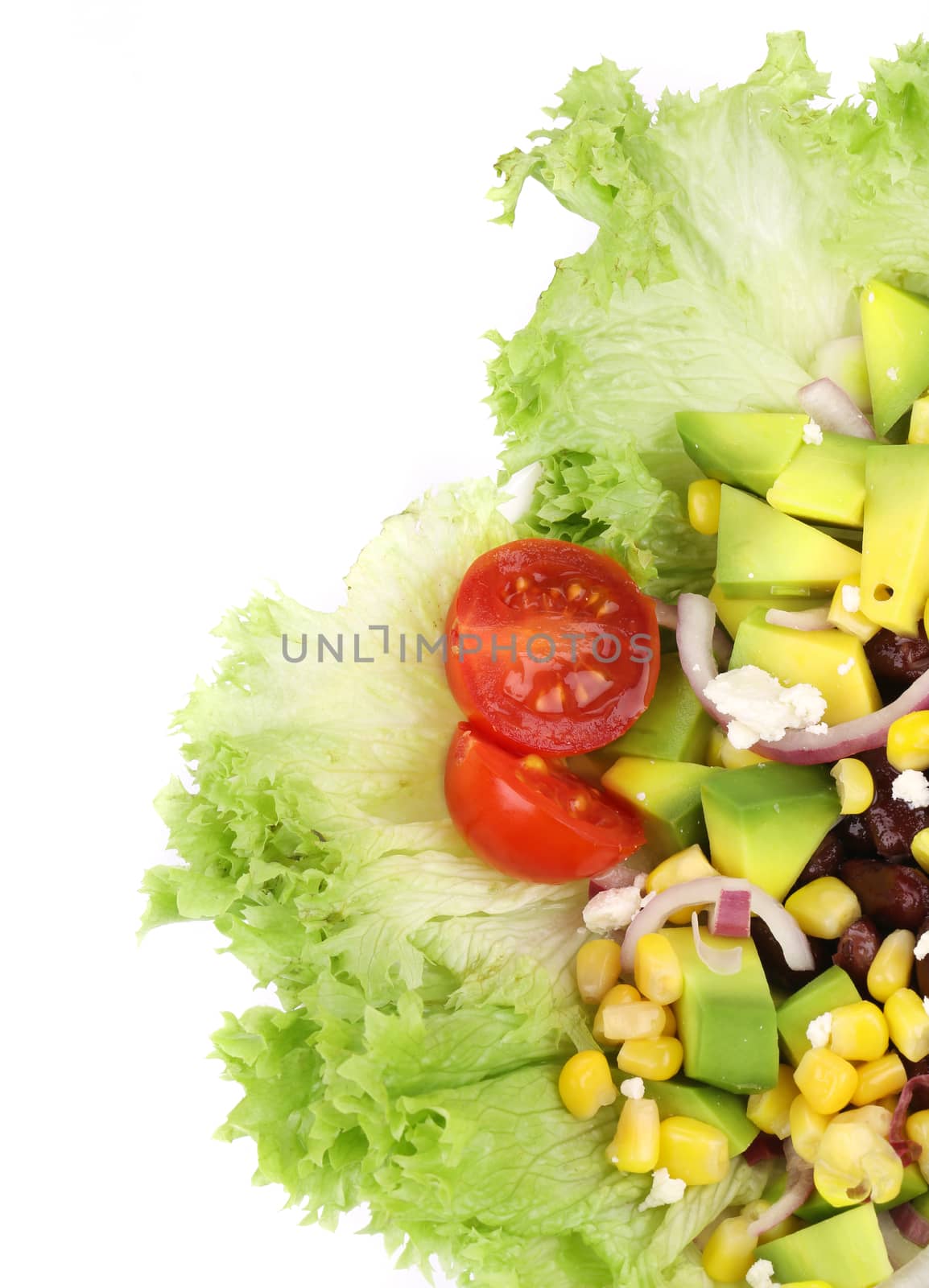 Red beans salad with feta cheese. Isolated on a white background.