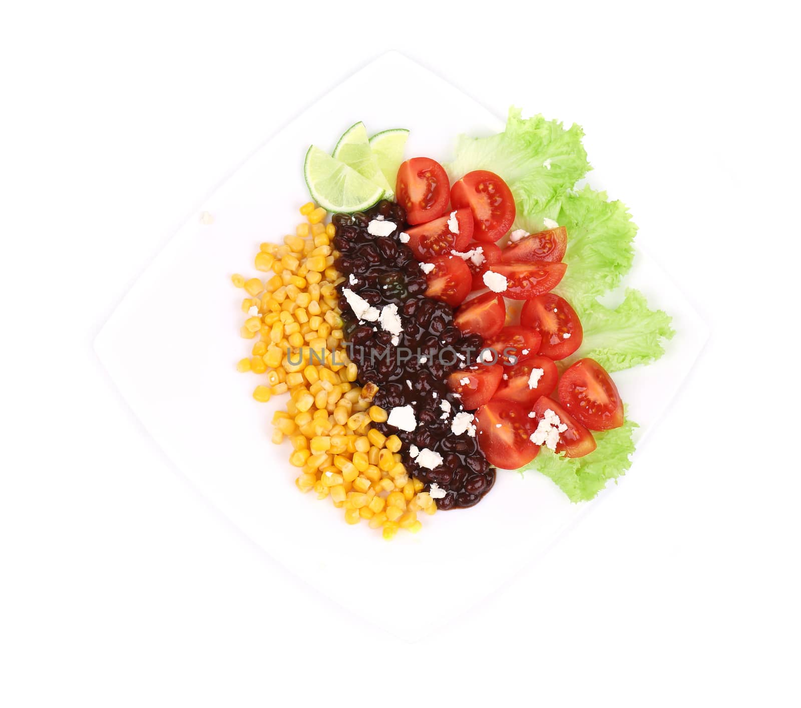 Red beans salad with feta cheese. Isolated on a white background.