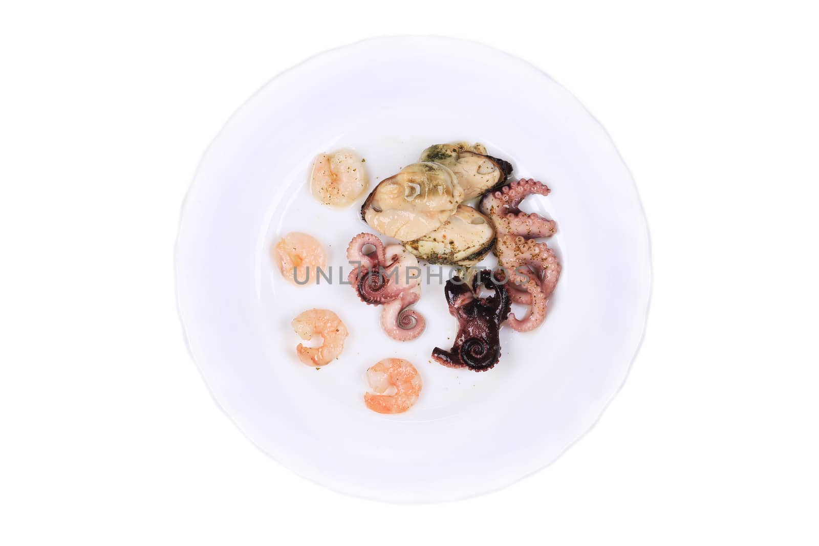 Tasty seafood on the round plate. Isolated on a white background.