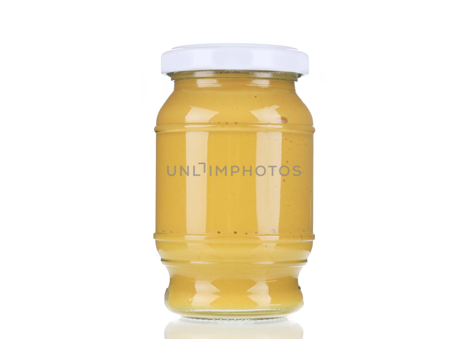 Mustard glass bottle. Isolated on a white background.