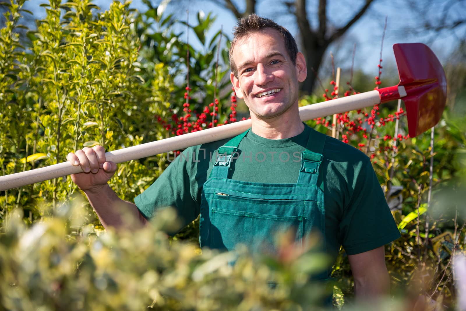 Farmer or gardener posing with shovel in garden nursery 