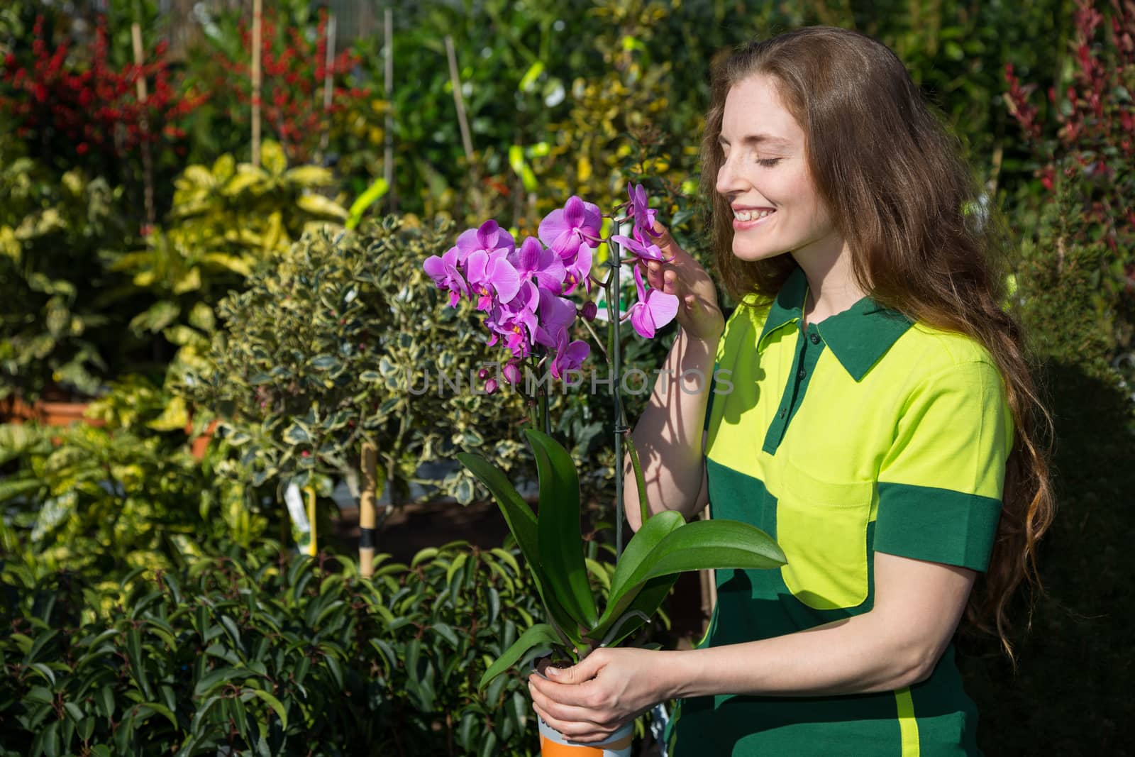 Florist or gardener smelling at orchid