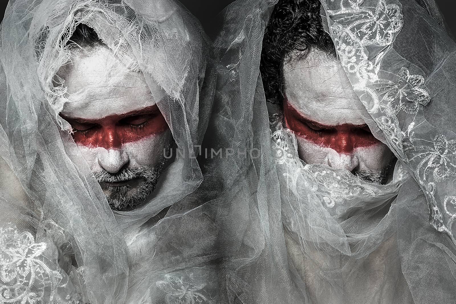 man covered with white lace veil, mask of red makeup by FernandoCortes