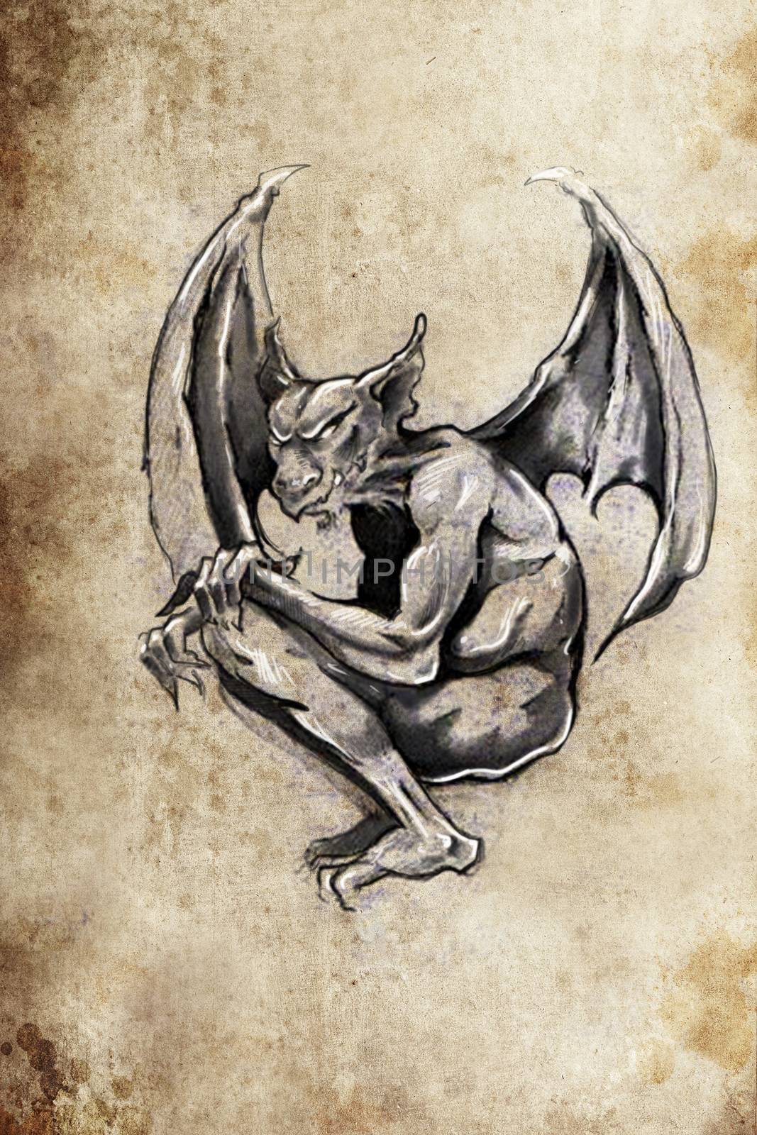 gargoyle Tattoo sketch, handmade design over vintage paper by FernandoCortes