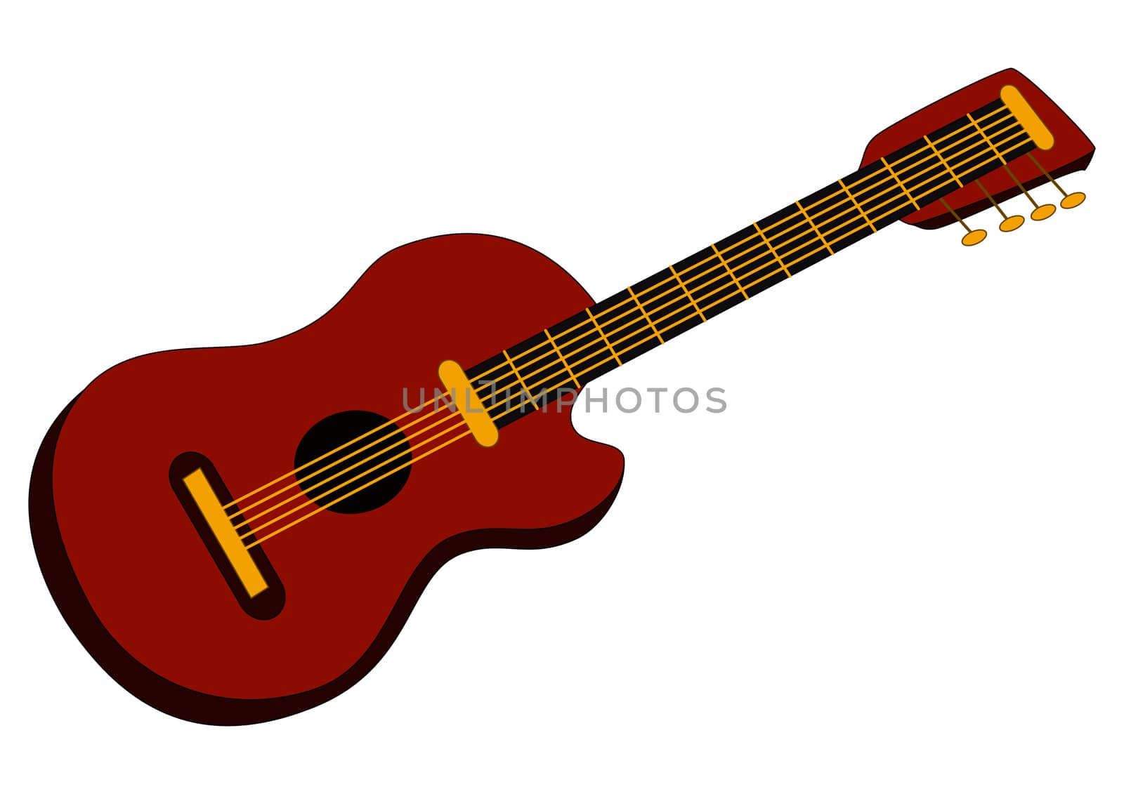 Musical instrument: brown acoustic guitar with yellow strings.