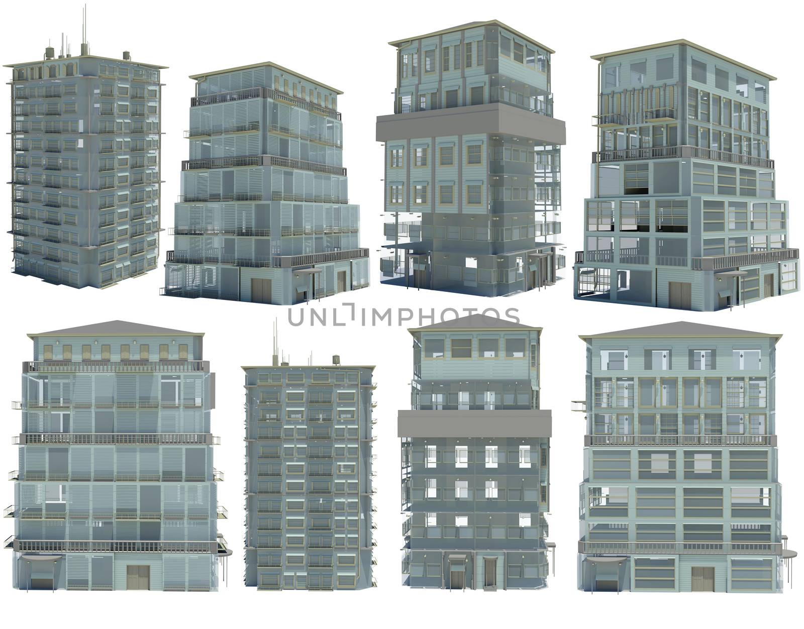 Collection of highly detailed buildings. Isolated render on a white background