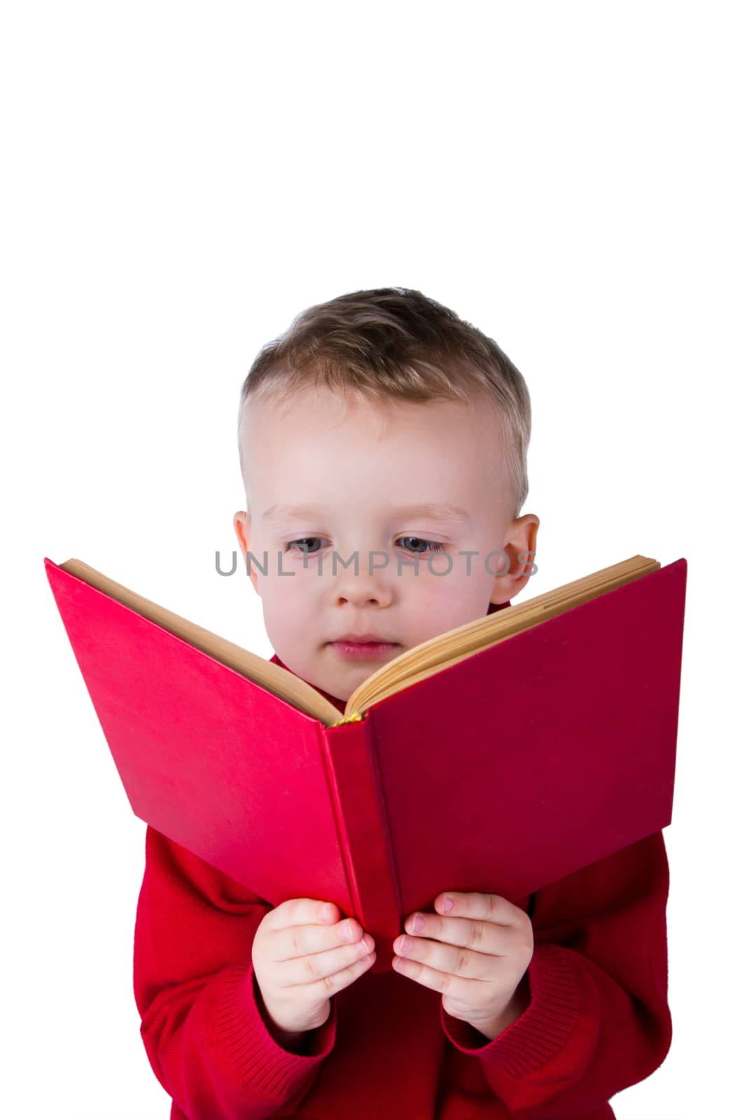 Boy reading a book - stock photos. Isolated on white background