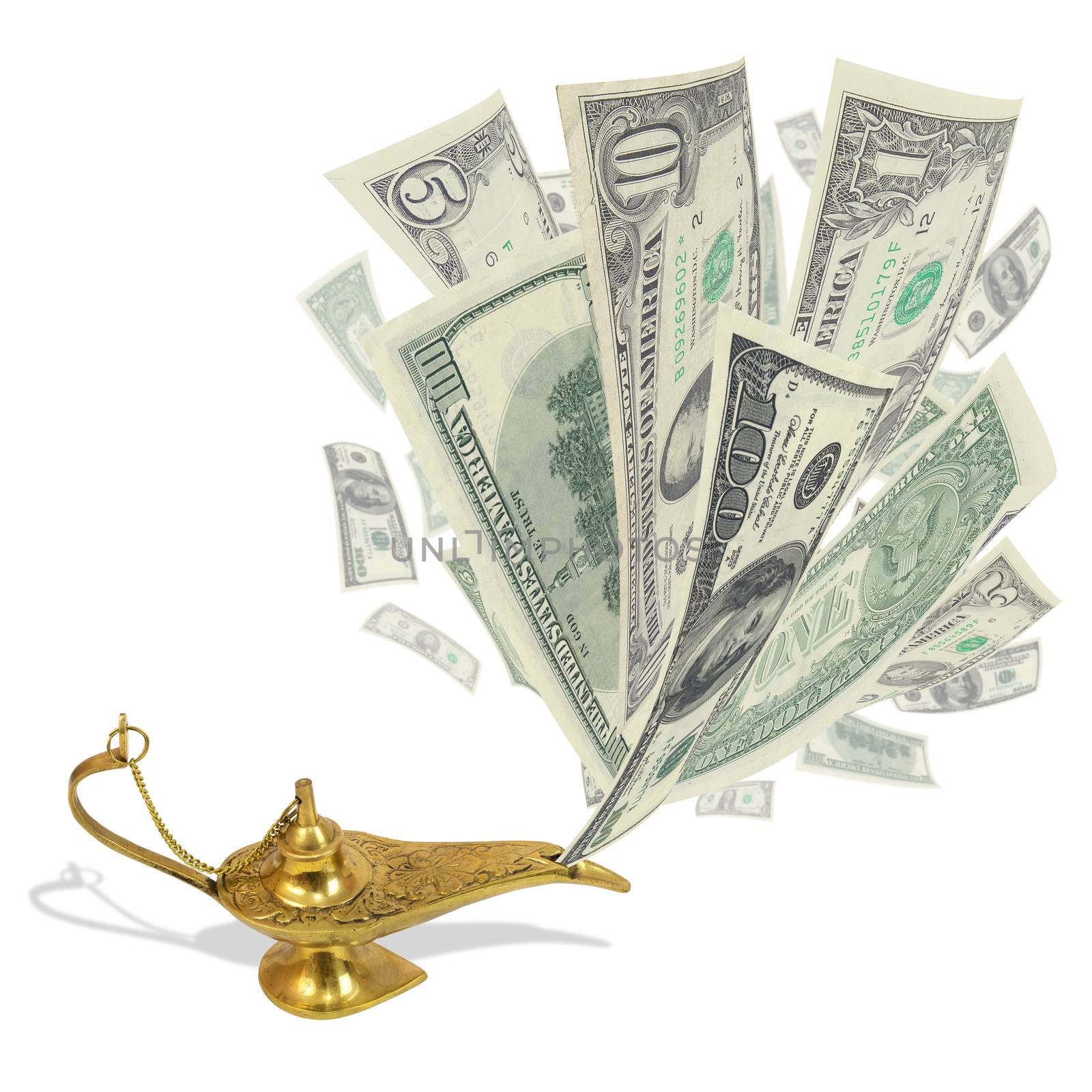 Money fly out of Aladdin's magic lamp by cherezoff