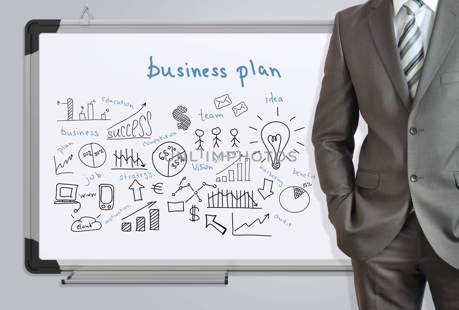Man in suit and business plan. Business sketches on the office whiteboard