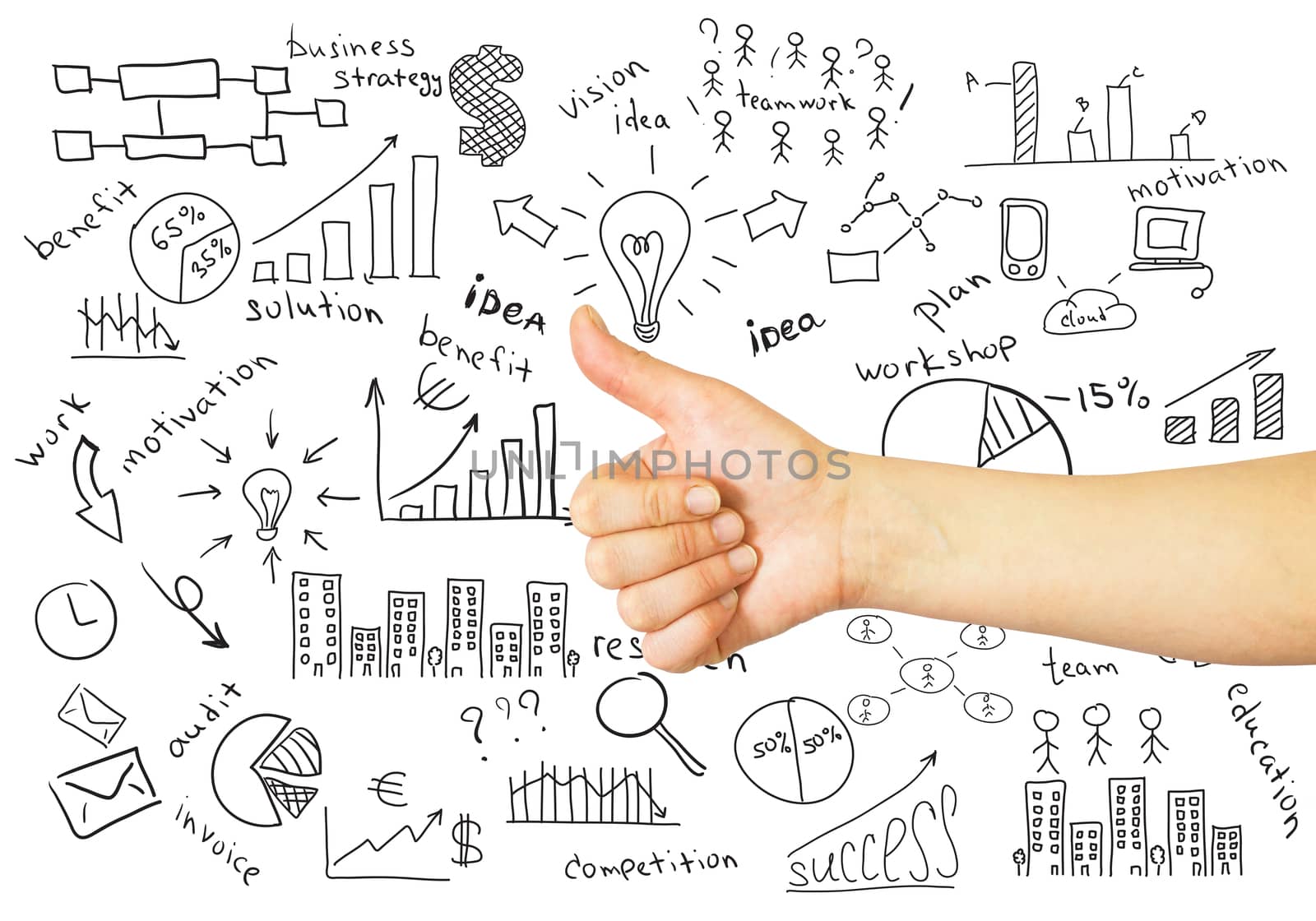 Female hand with raised thumb and business sketches. The business concept