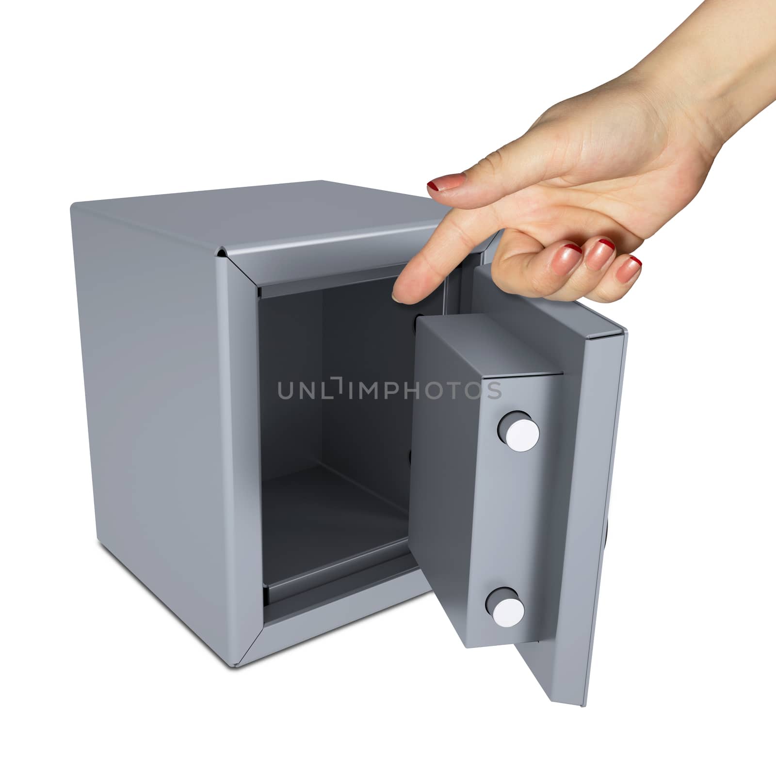 Hand pointing to the open safe. Isolated on white background. safety concept