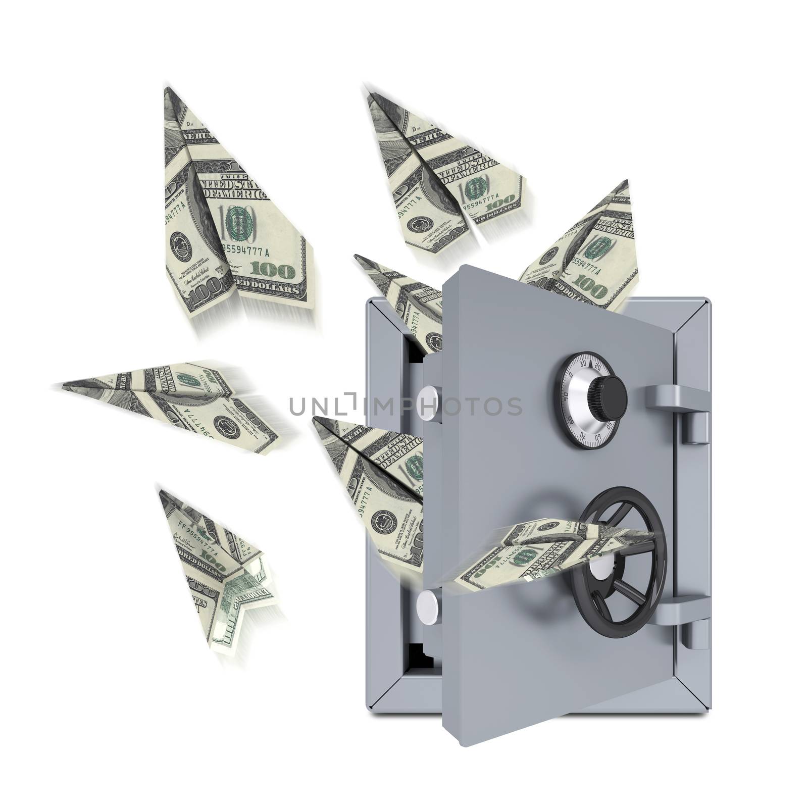 Paper airplanes of dollars from an open safe. Isolated on white background
