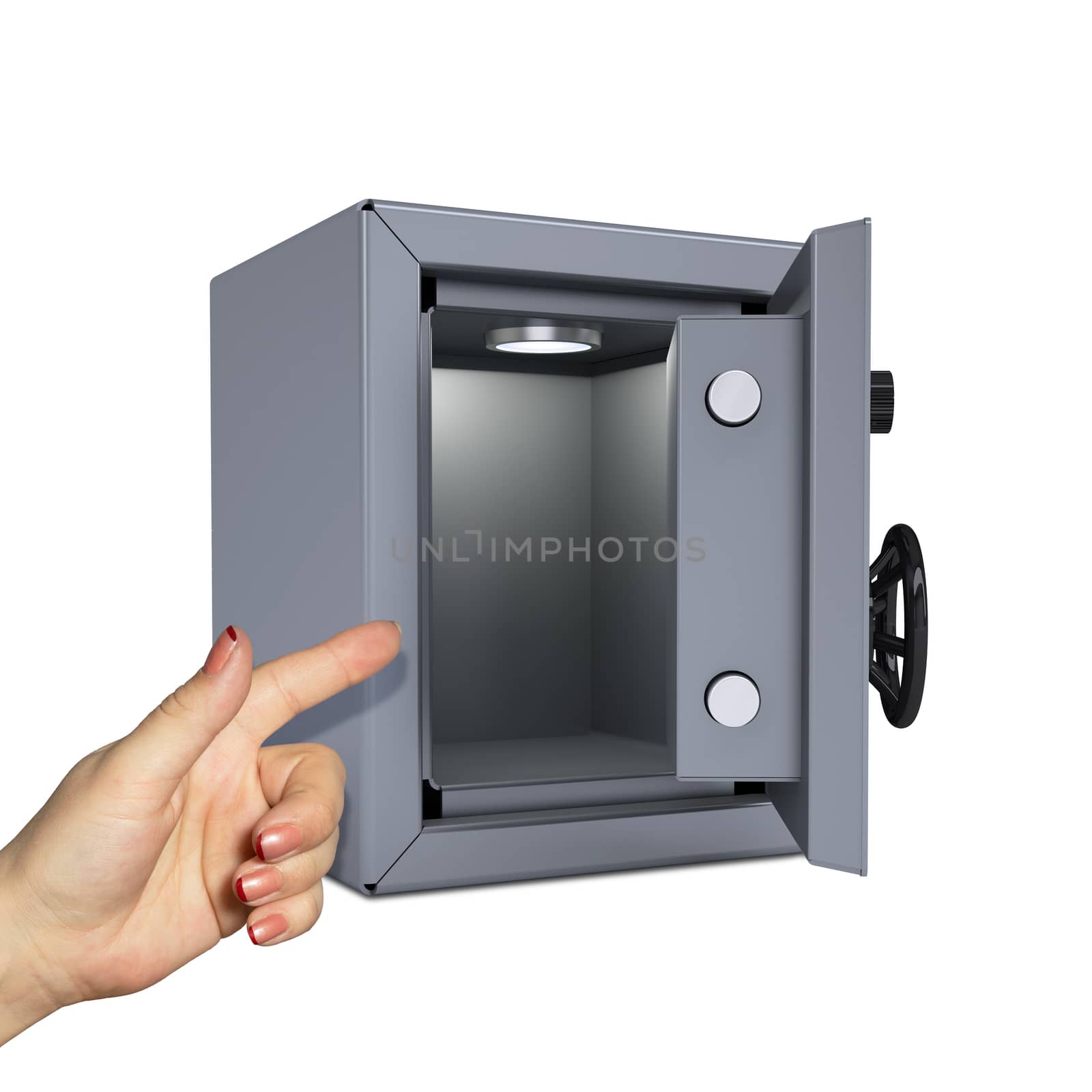 Hand pointing to the open safe. Isolated on white background. safety concept