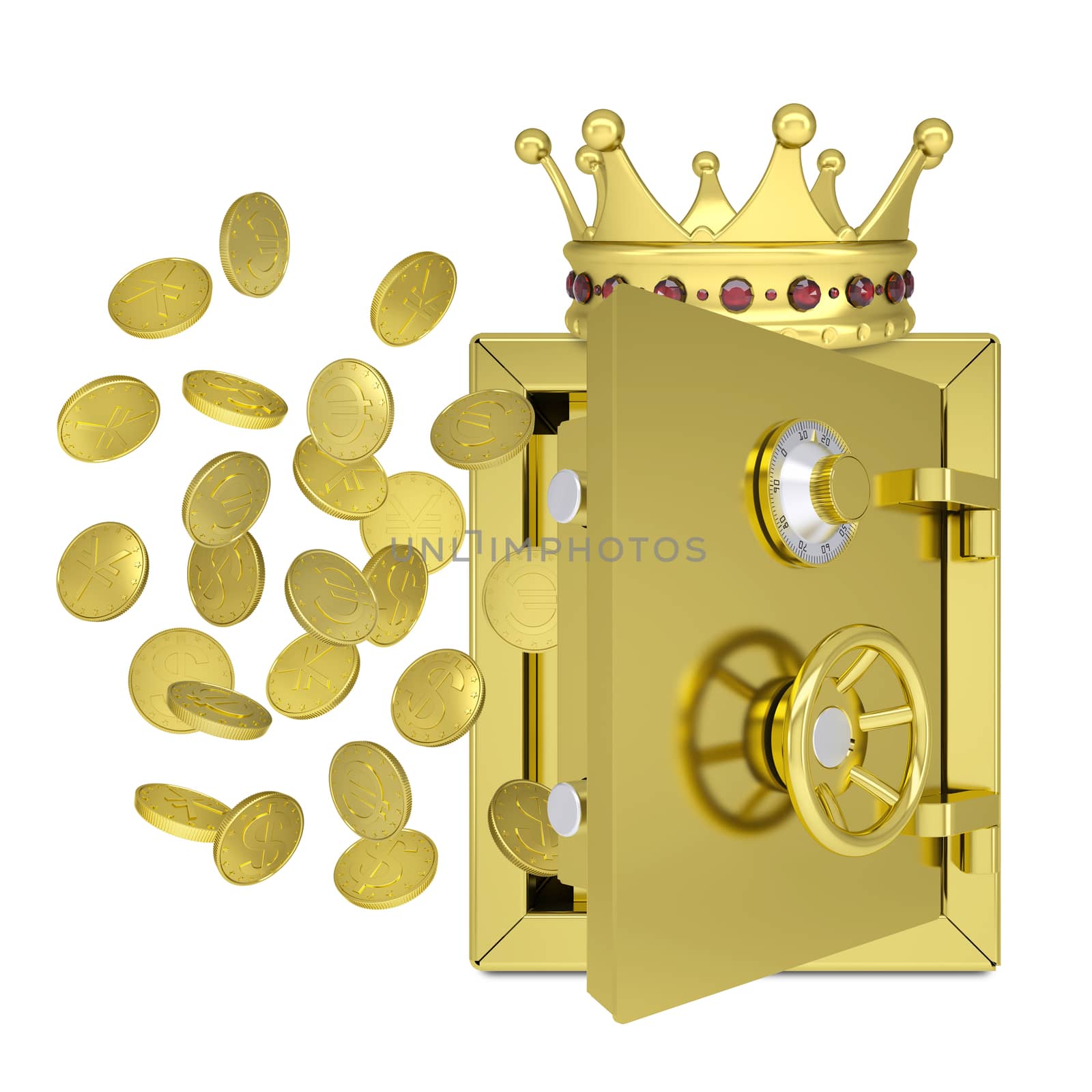 Gold crown, safe and coins. Isolated on white background