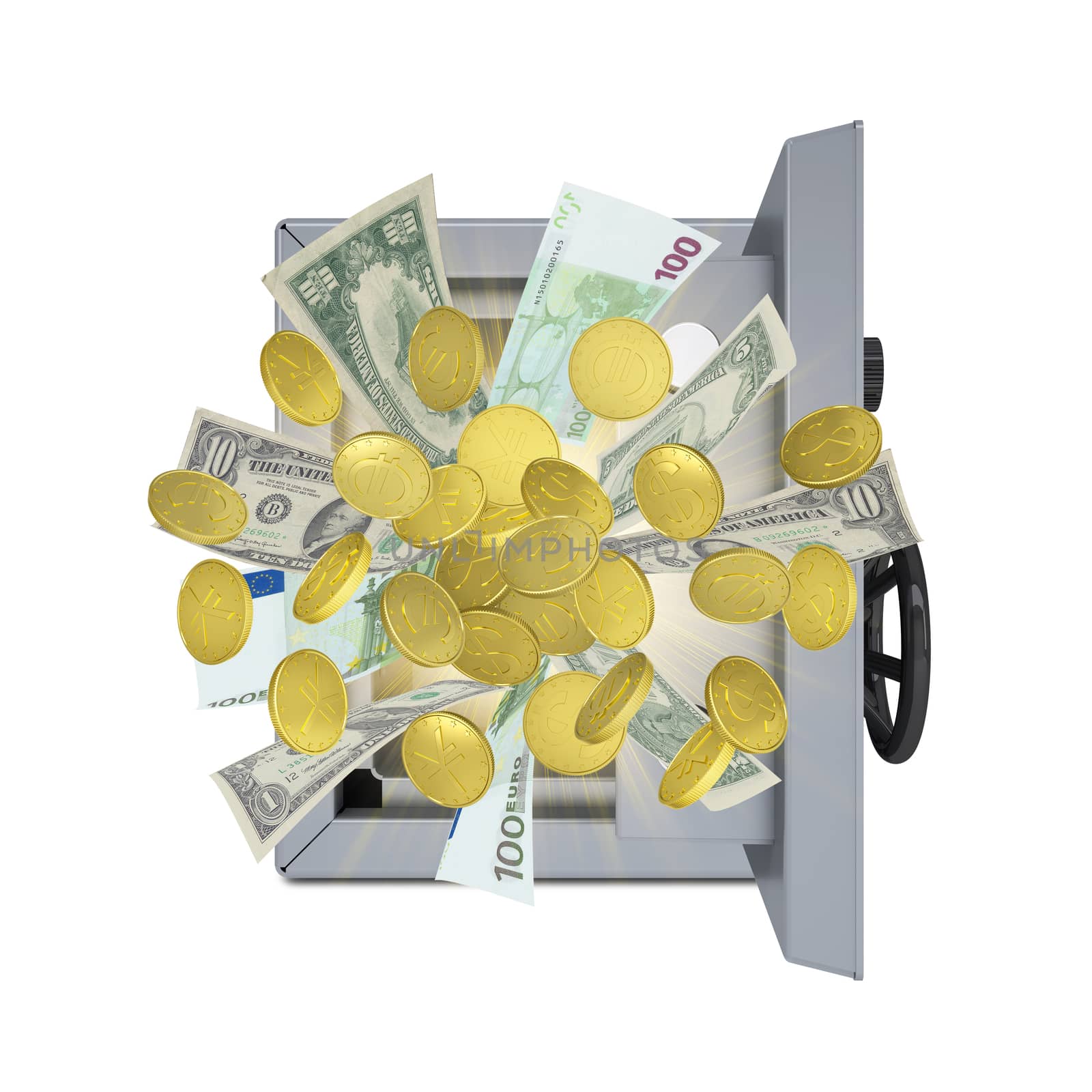 Banknotes and coins are emitted from an open safe by cherezoff