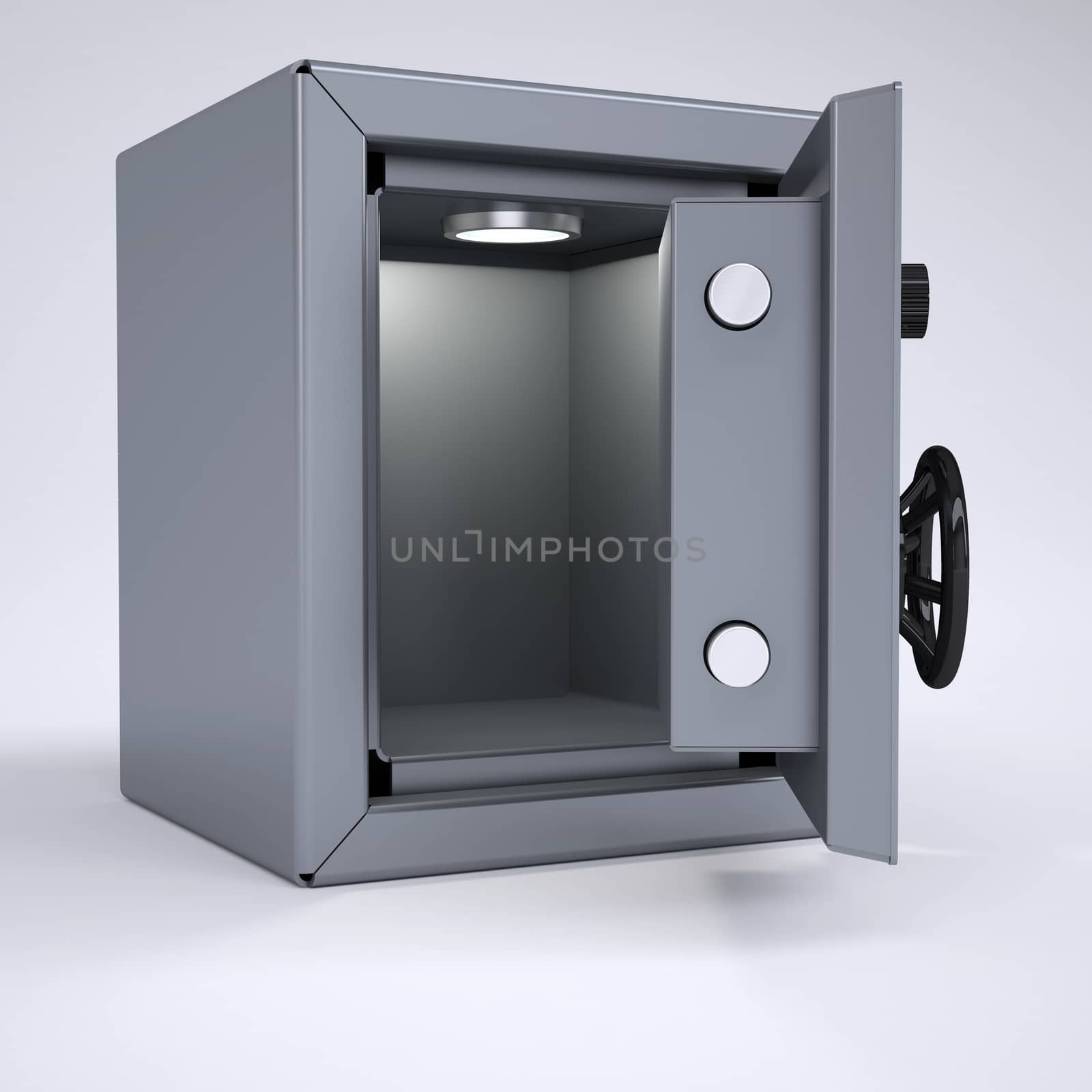 Opened metal safe. Render on a gray background